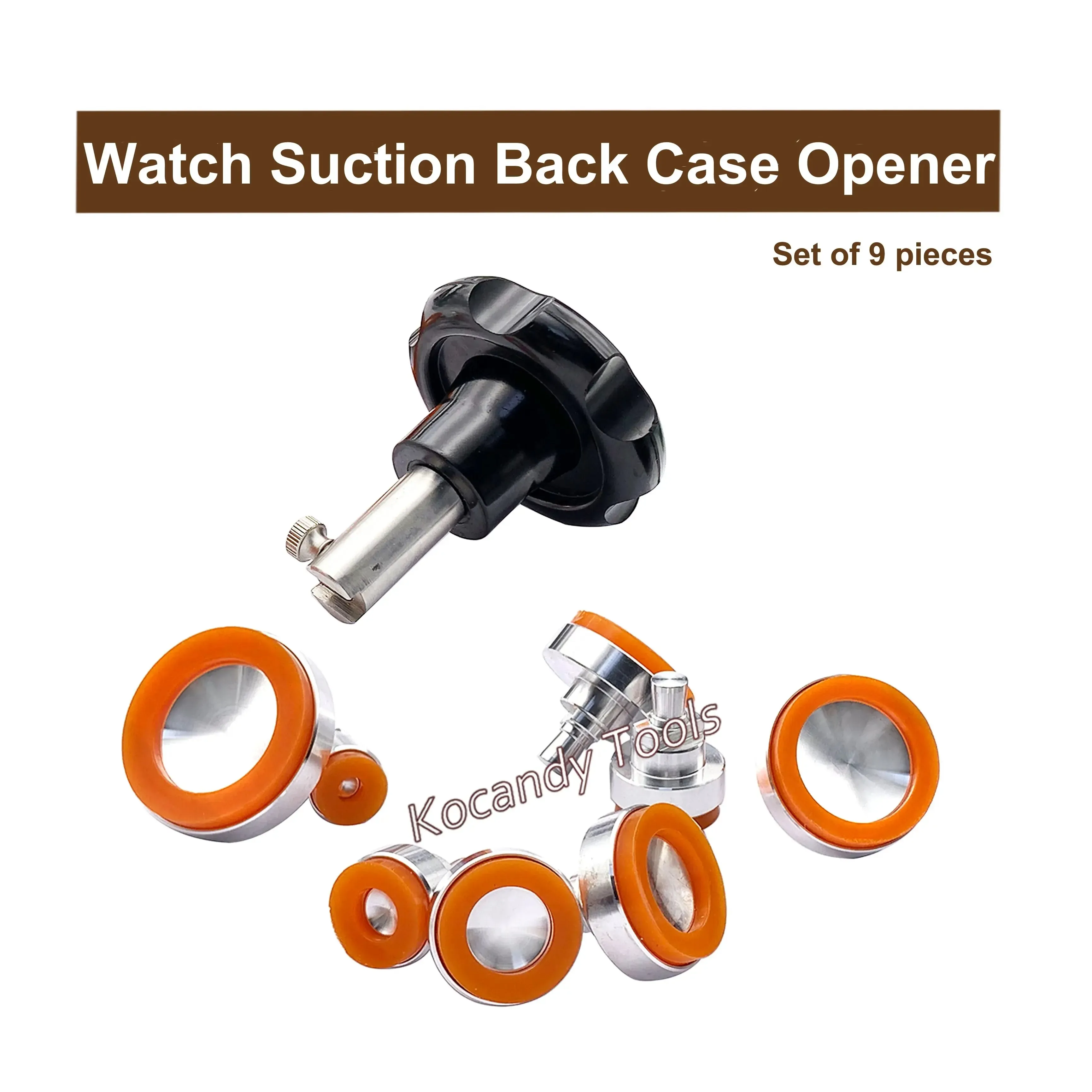 Watch back opener with black handle and orange suction cups