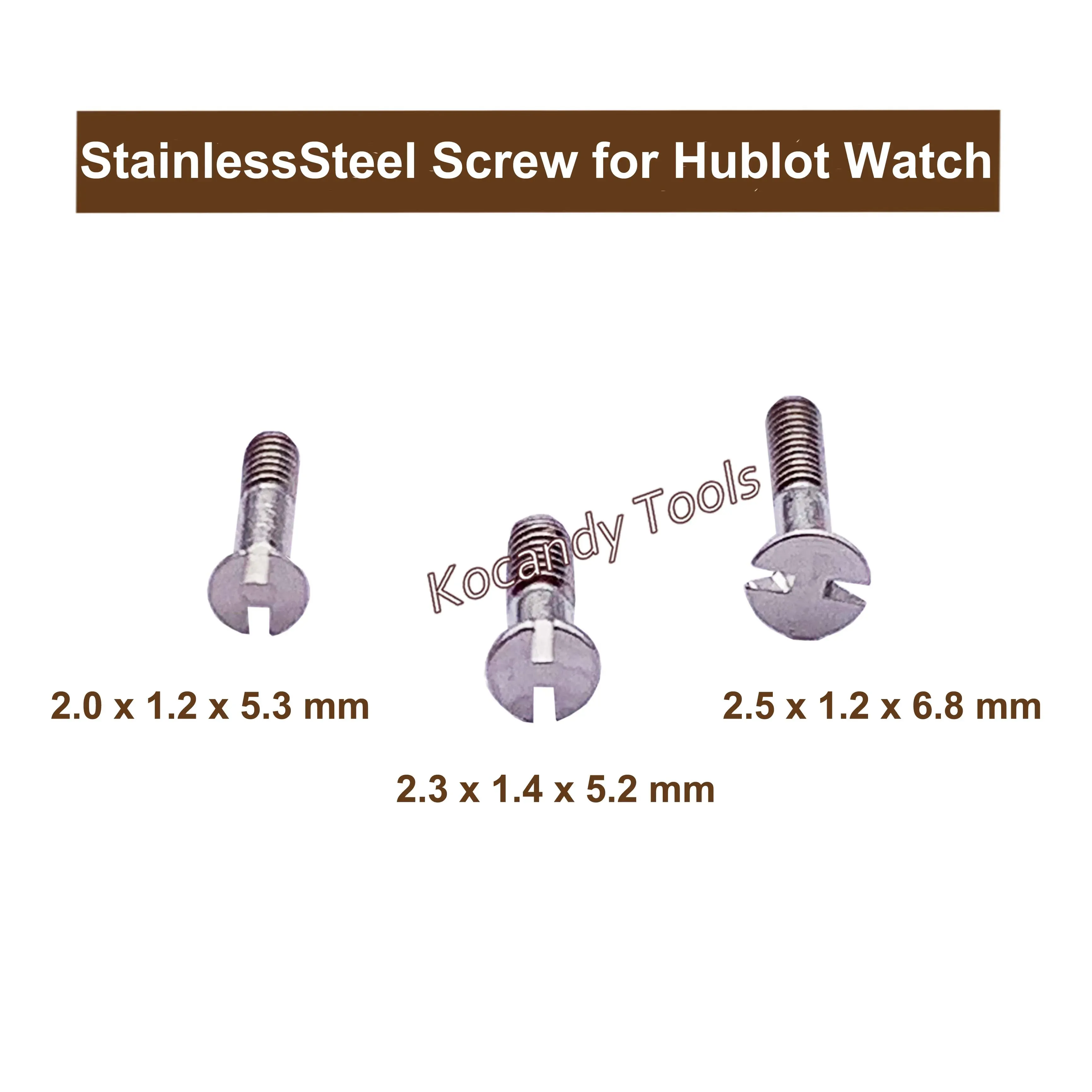 Three screw sizes labelled 3.0x1.2x0.63, 2.3x1.4x1.2 and 2.5x1.2x0.8 mm