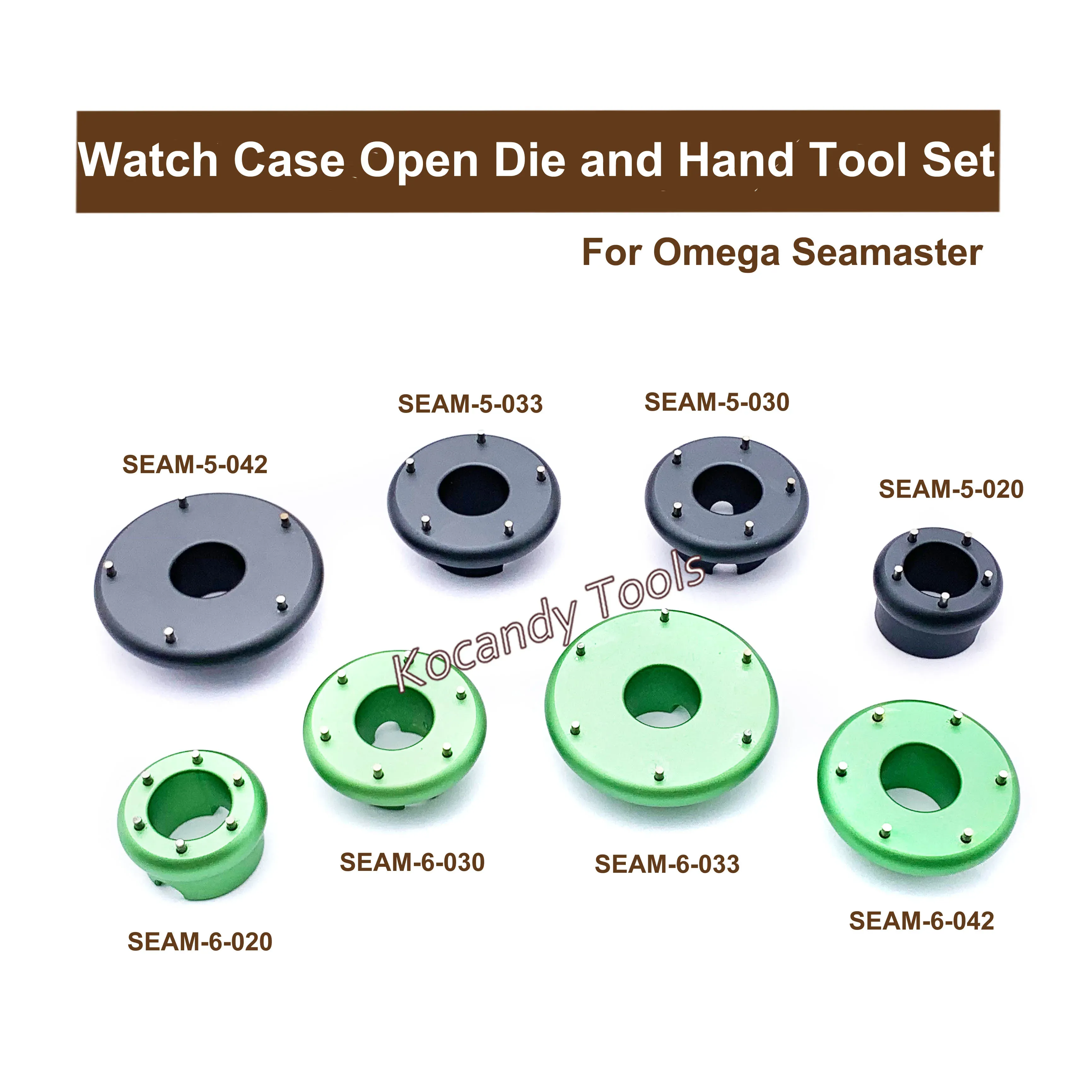 Six green dies arranged showing pin layouts, labelled for Omega Seamaster