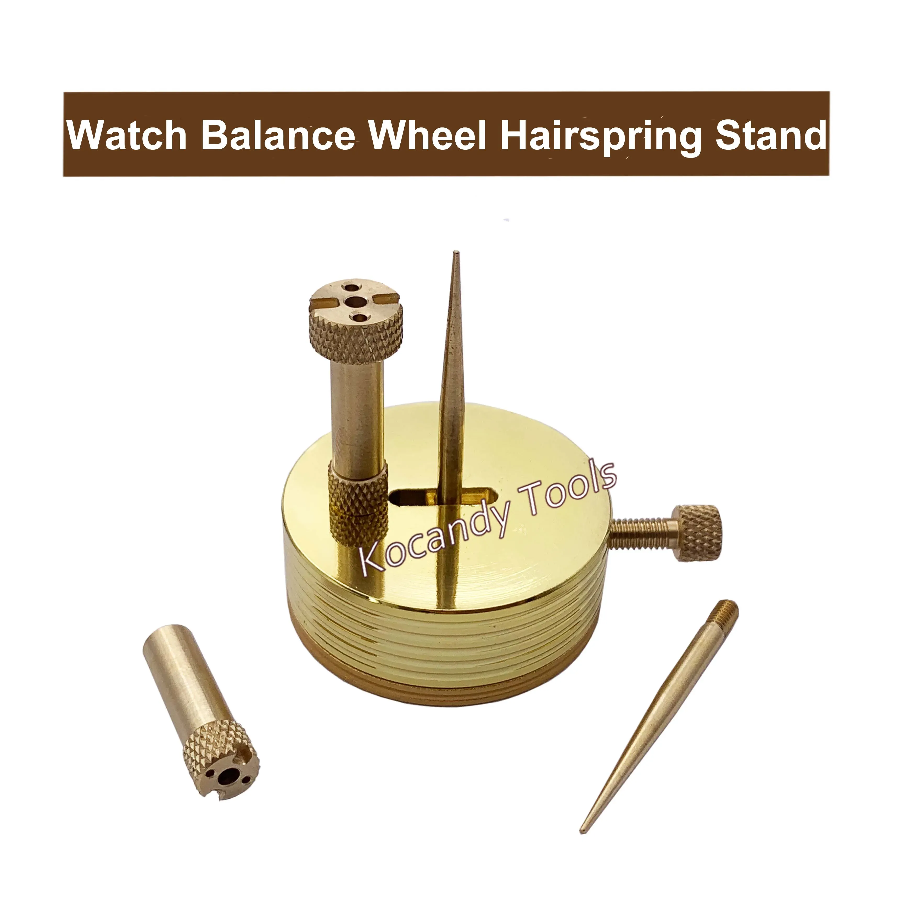Brass balance wheel hairspring stand with upright post and tweezers alongside