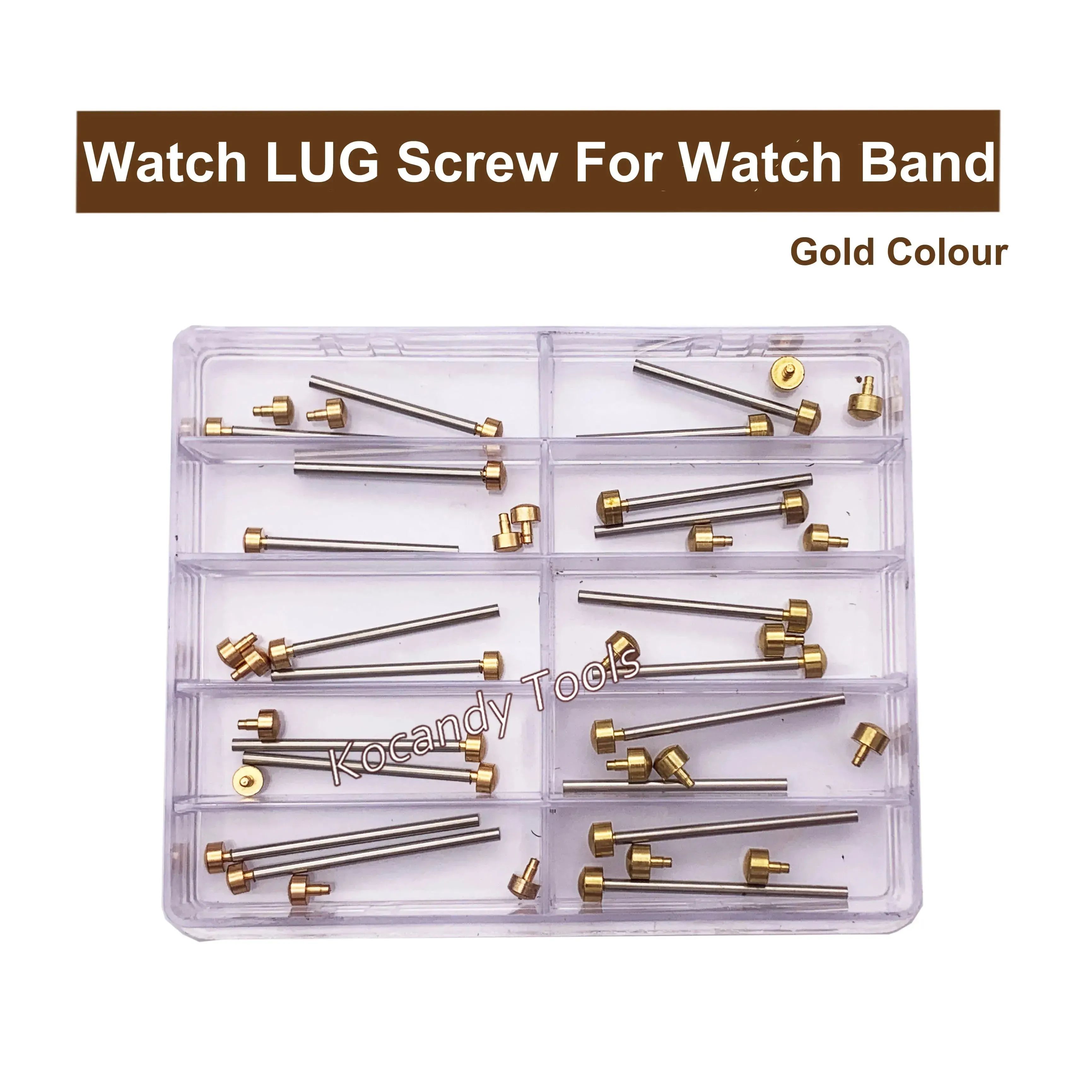 Clear tray of gold-colour screw pins shown close up on white