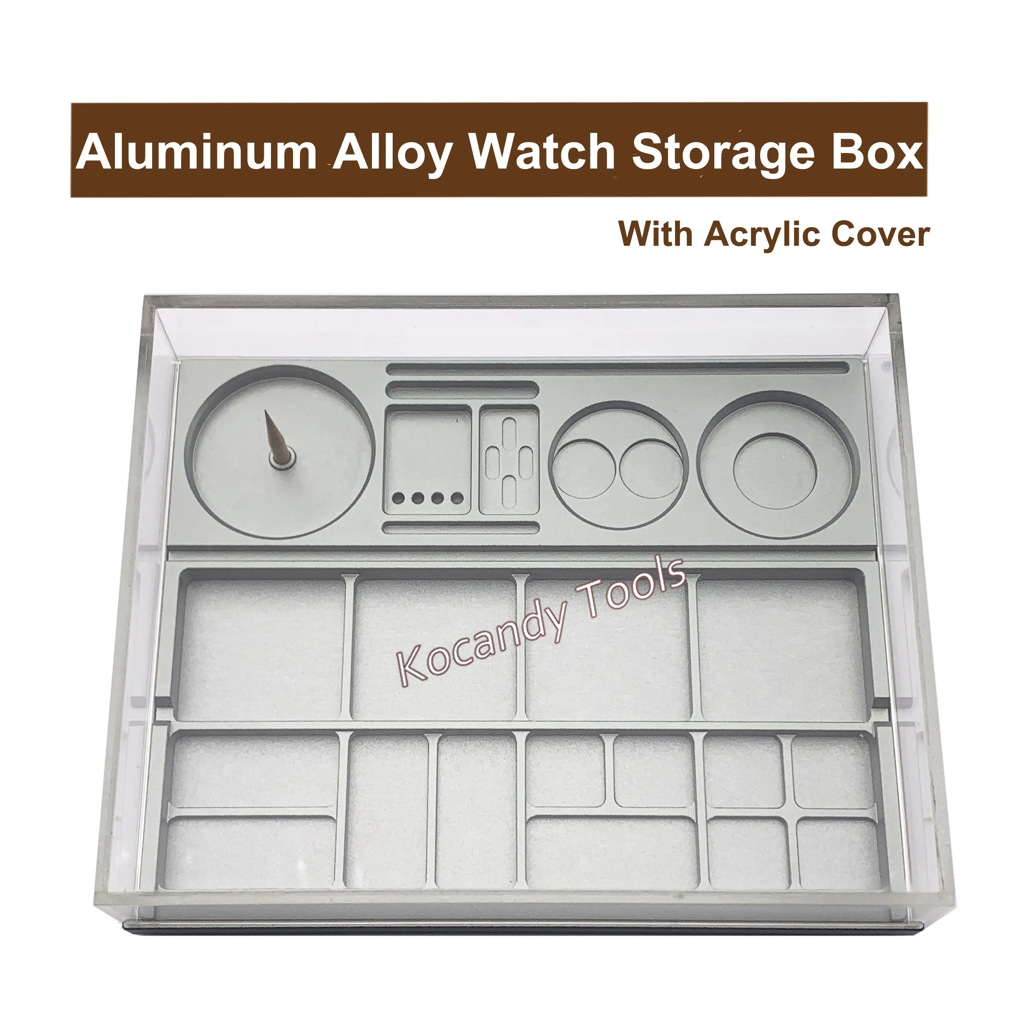 Acrylic-covered aluminium box laid open showing its compartment layout