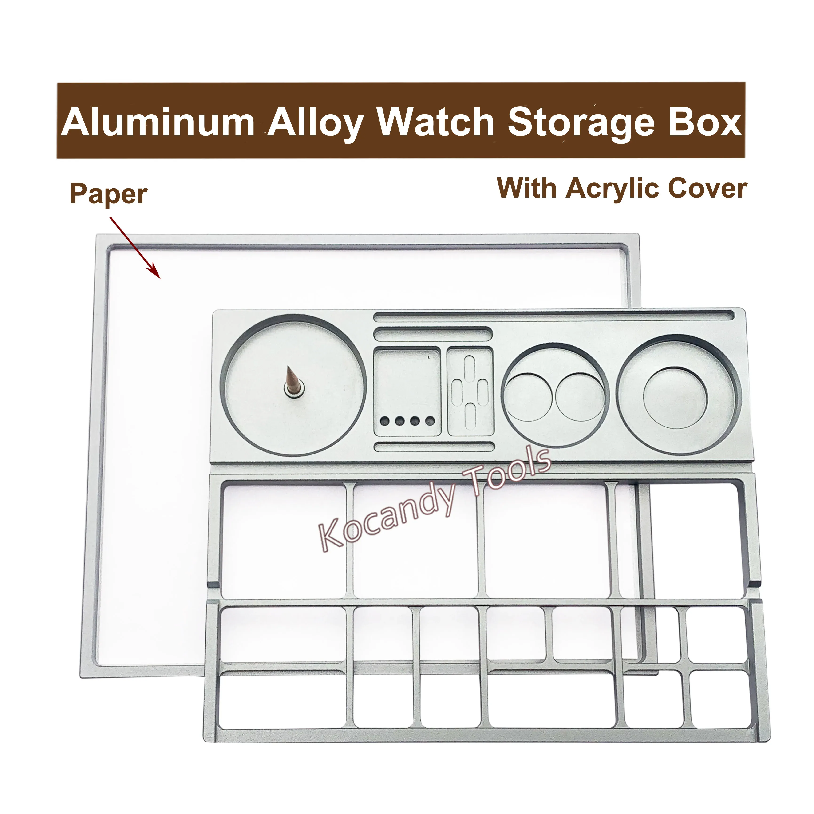 Aluminium watch parts storage box with clear acrylic cover, shown closed