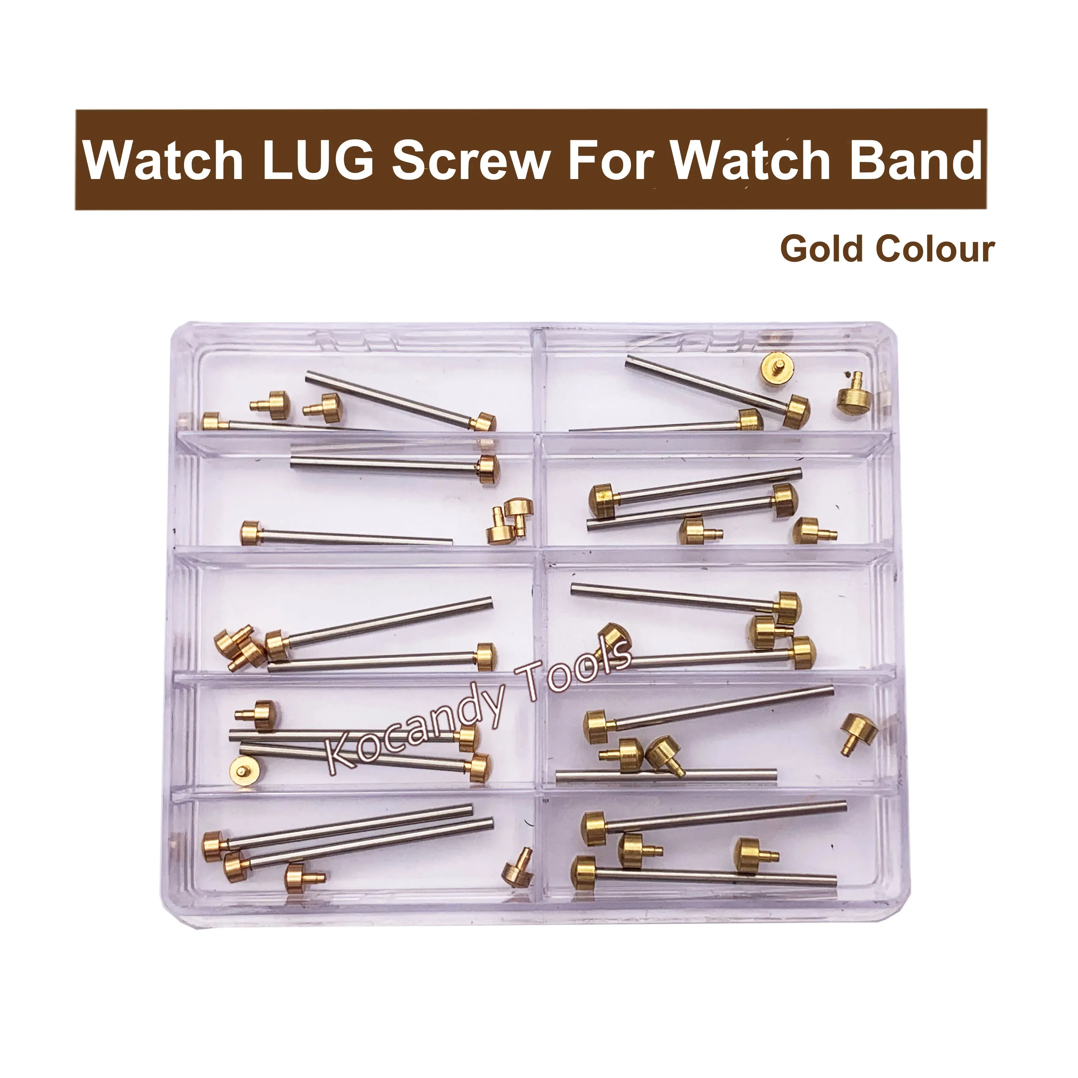 Clear plastic tray holding screw pins with rivet ends and small parts