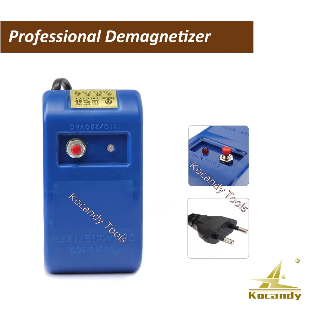 Blue electrical demagnetizer box with coiled cable and blue tweezers