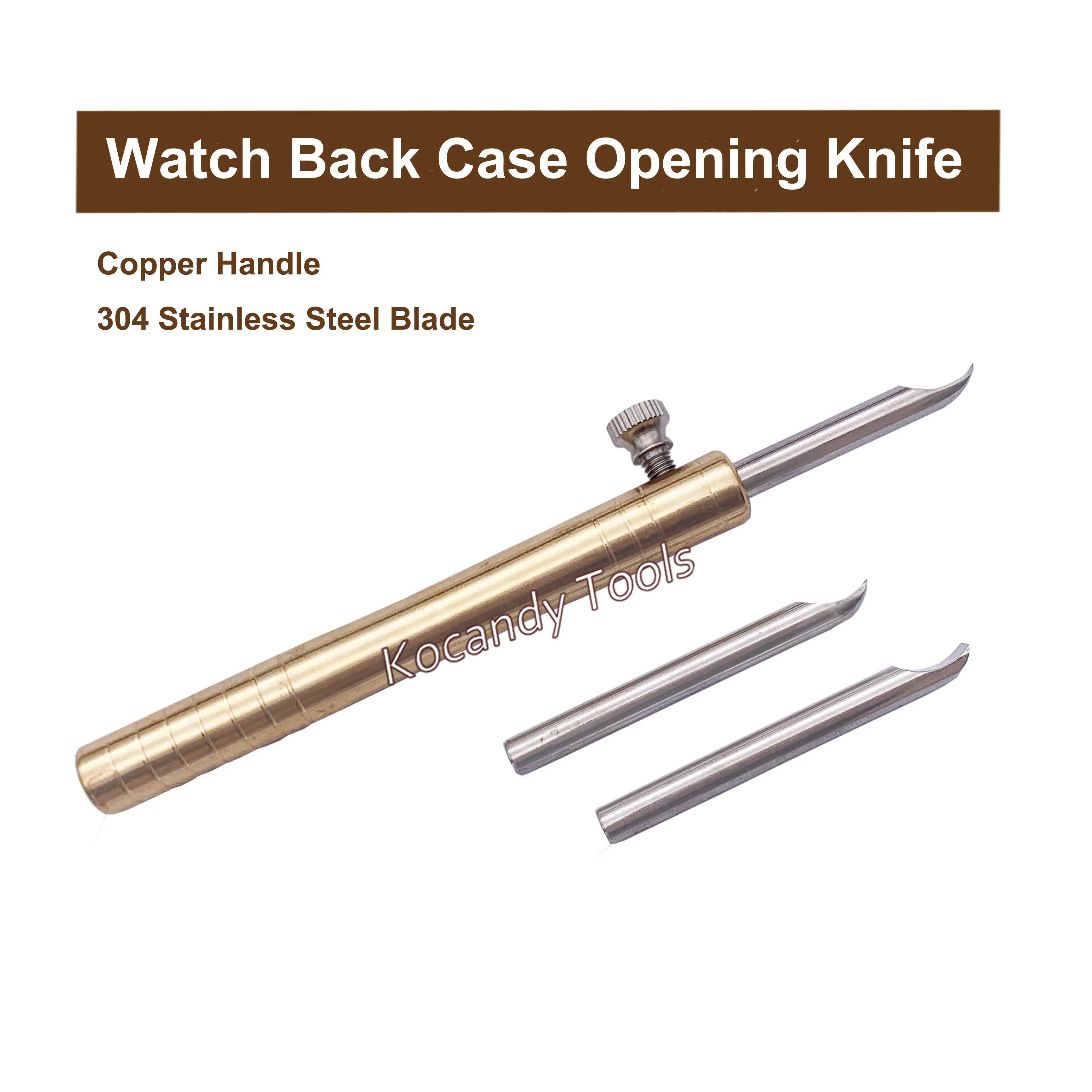 Brass-handled watch case knife with spare blades laid flat