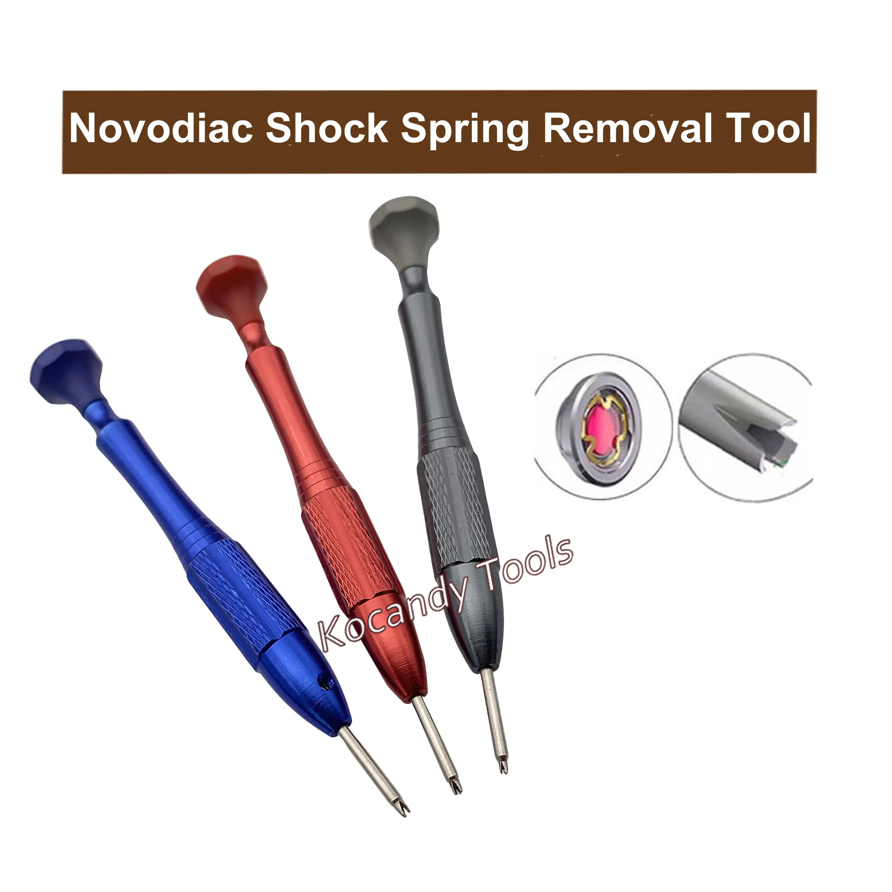 Red, black and blue screwdrivers above three round shock spring bases
