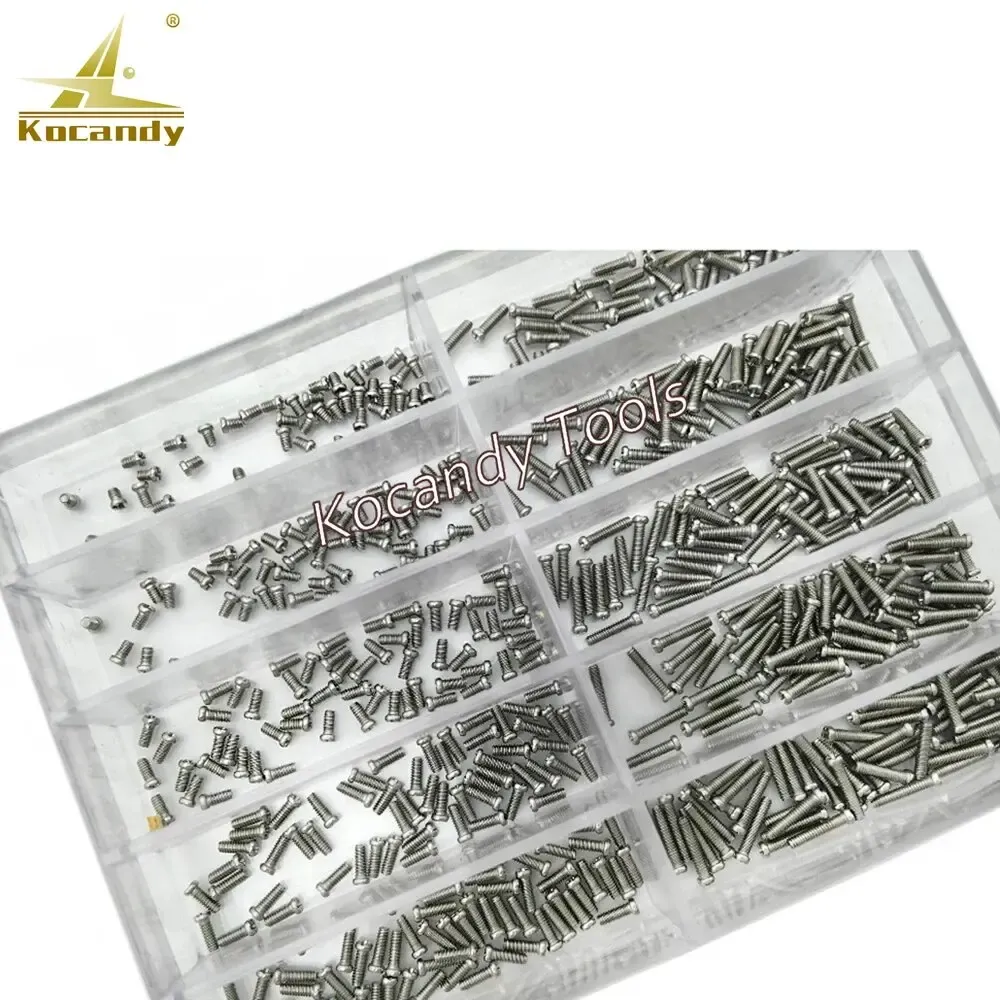 Clear compartmented box filled with assorted small stainless screws