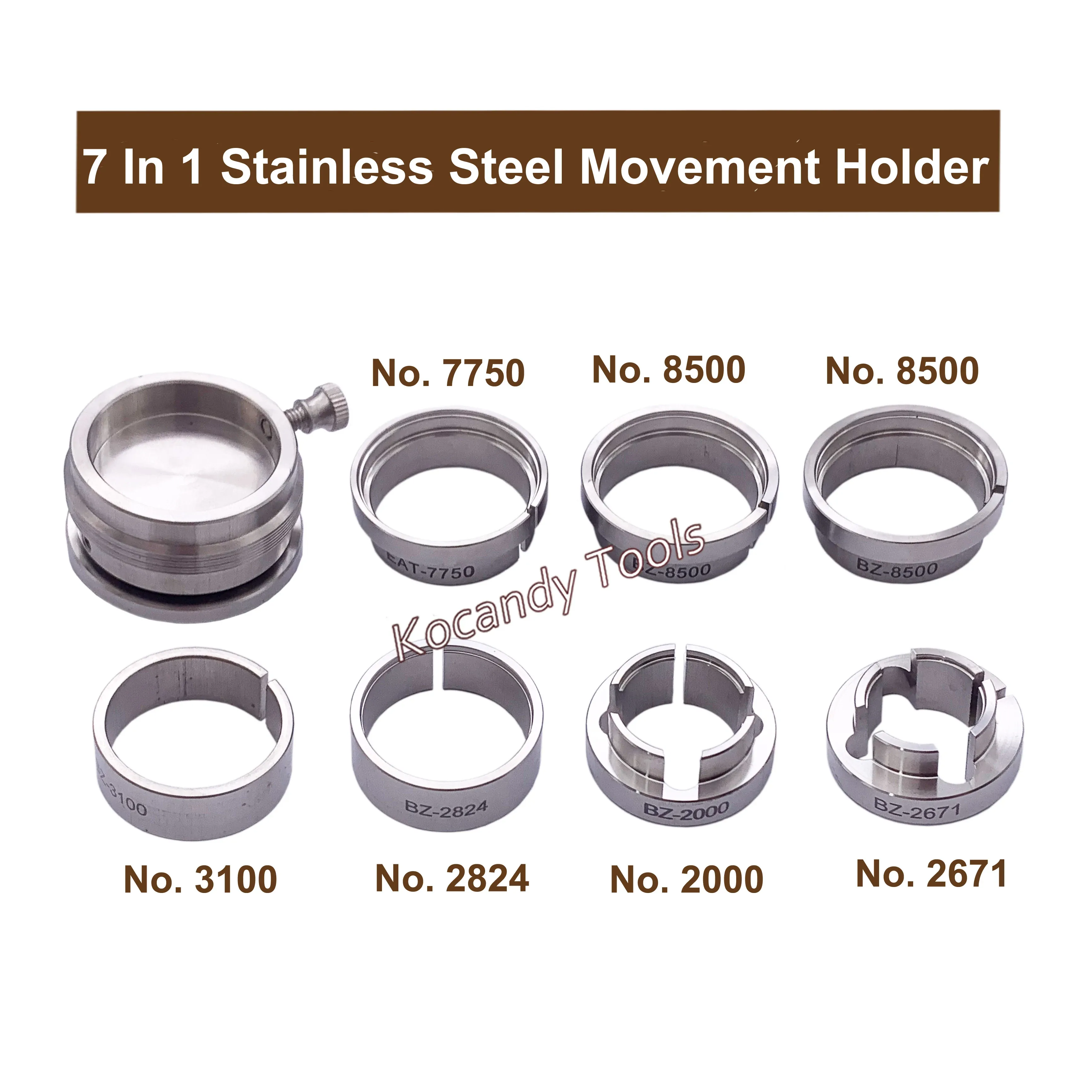 Seven stainless steel movement holder rings of different sizes in labelled rows