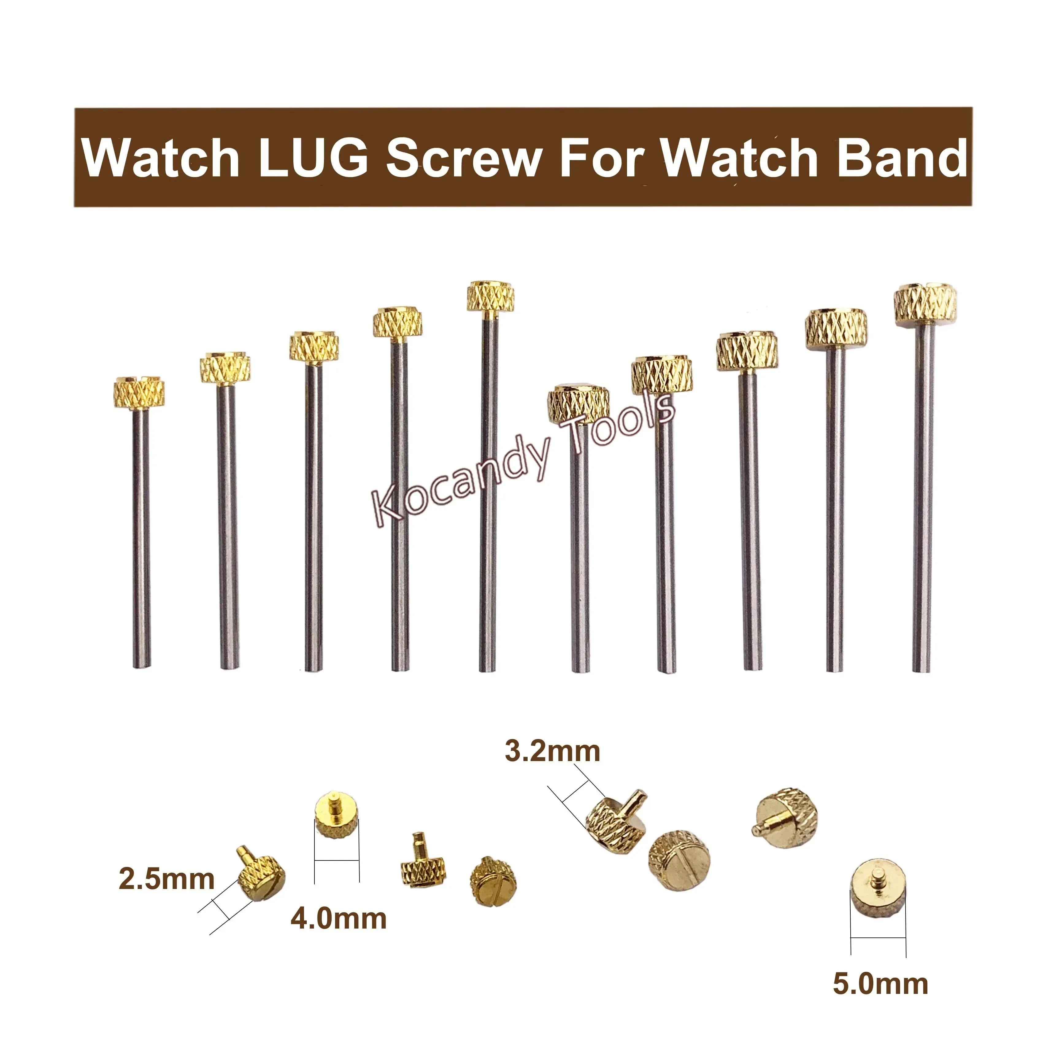Gold screw pins standing in a row with 2.5mm and 3.0mm labels