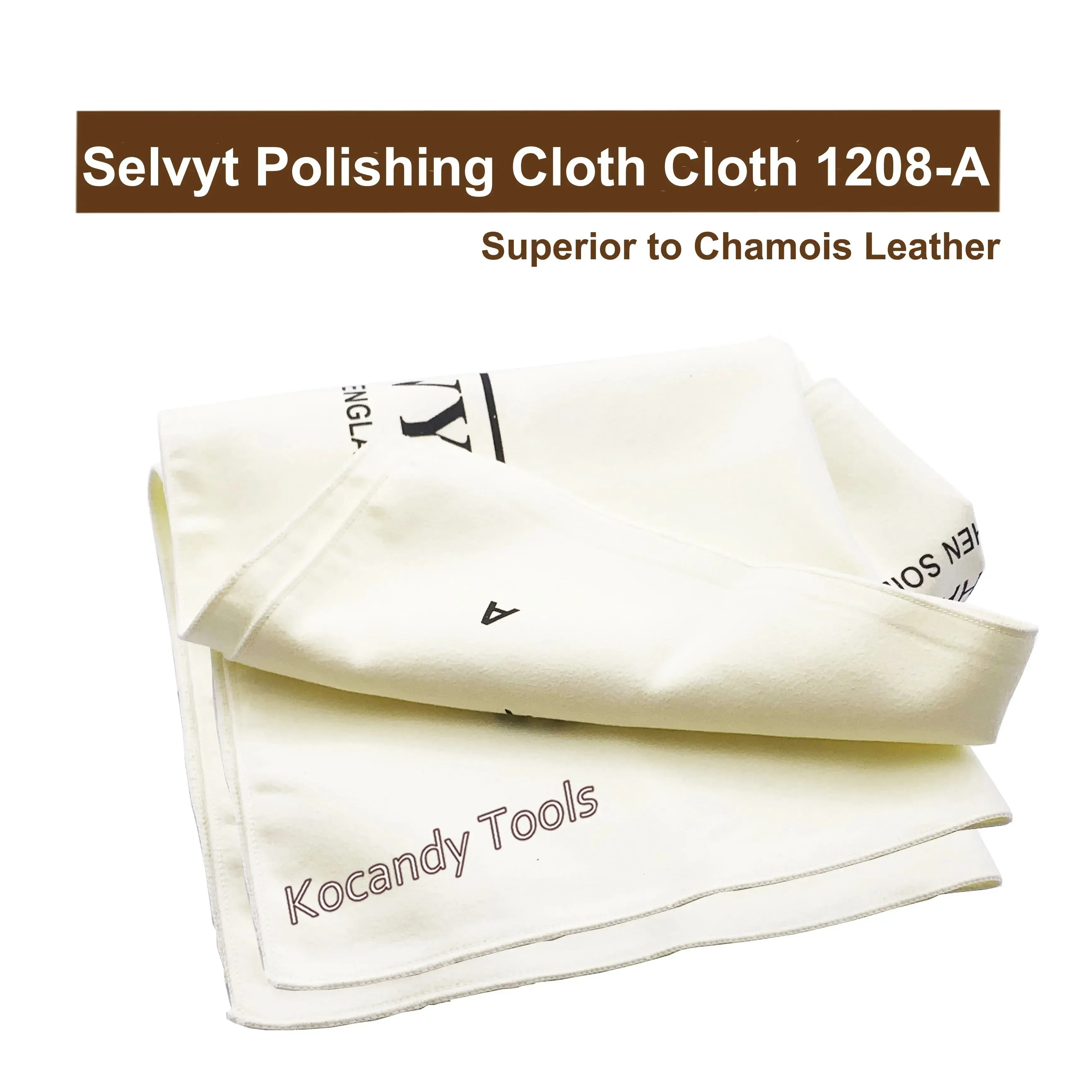 Two folded cream polishing cloths showing the Selvyt print