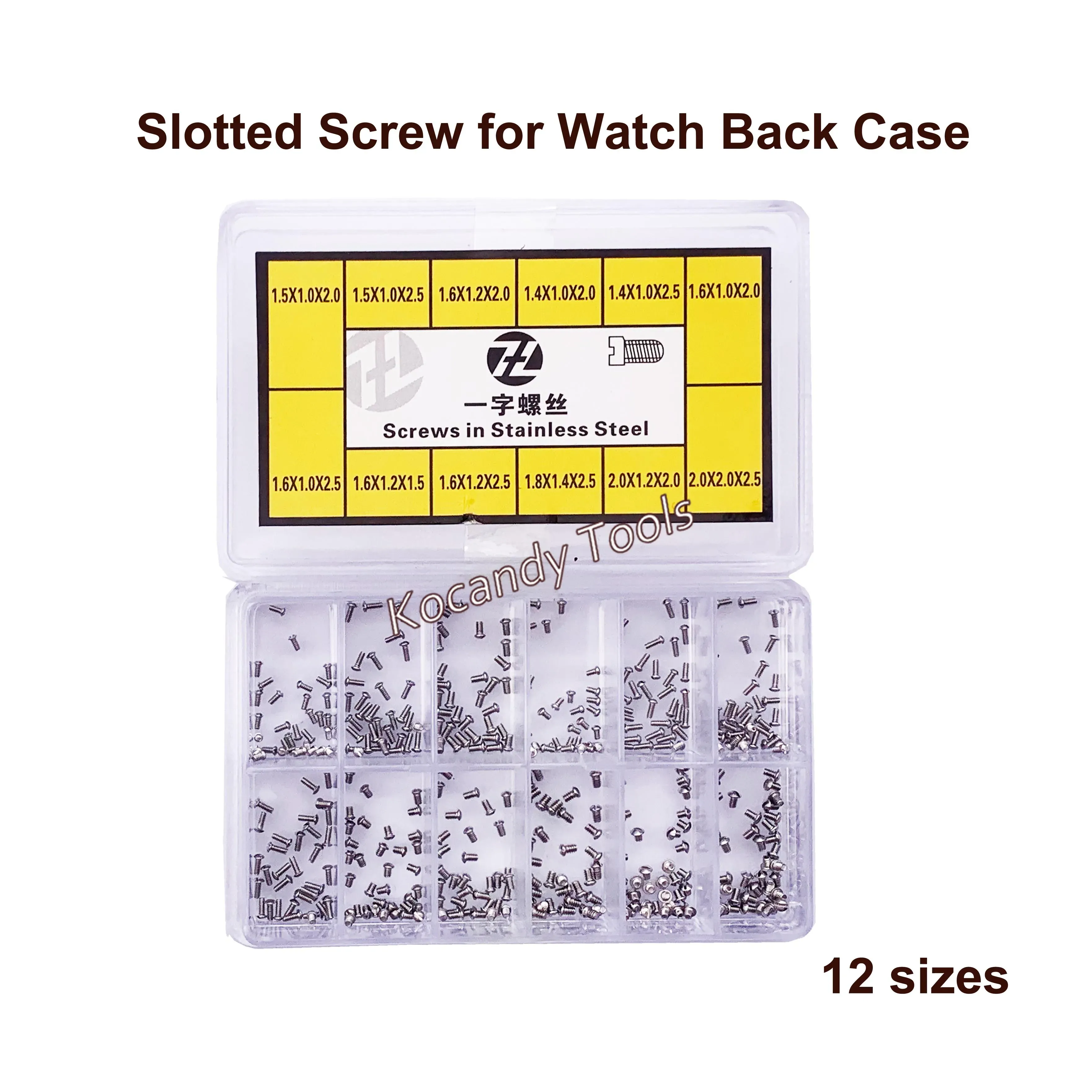 Yellow box of assorted stainless steel watch case back screws