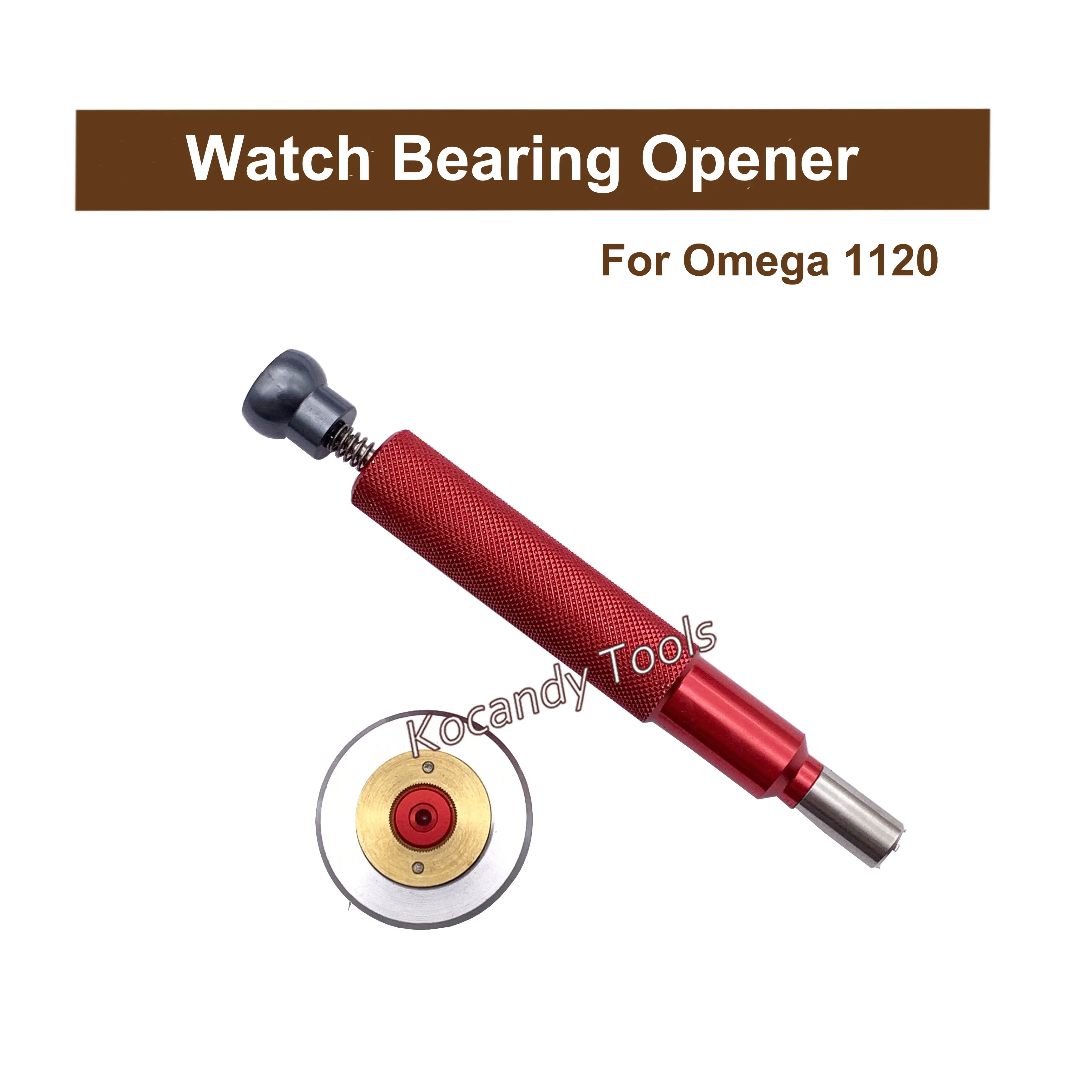 Red bearing opener tool above a round red and white die