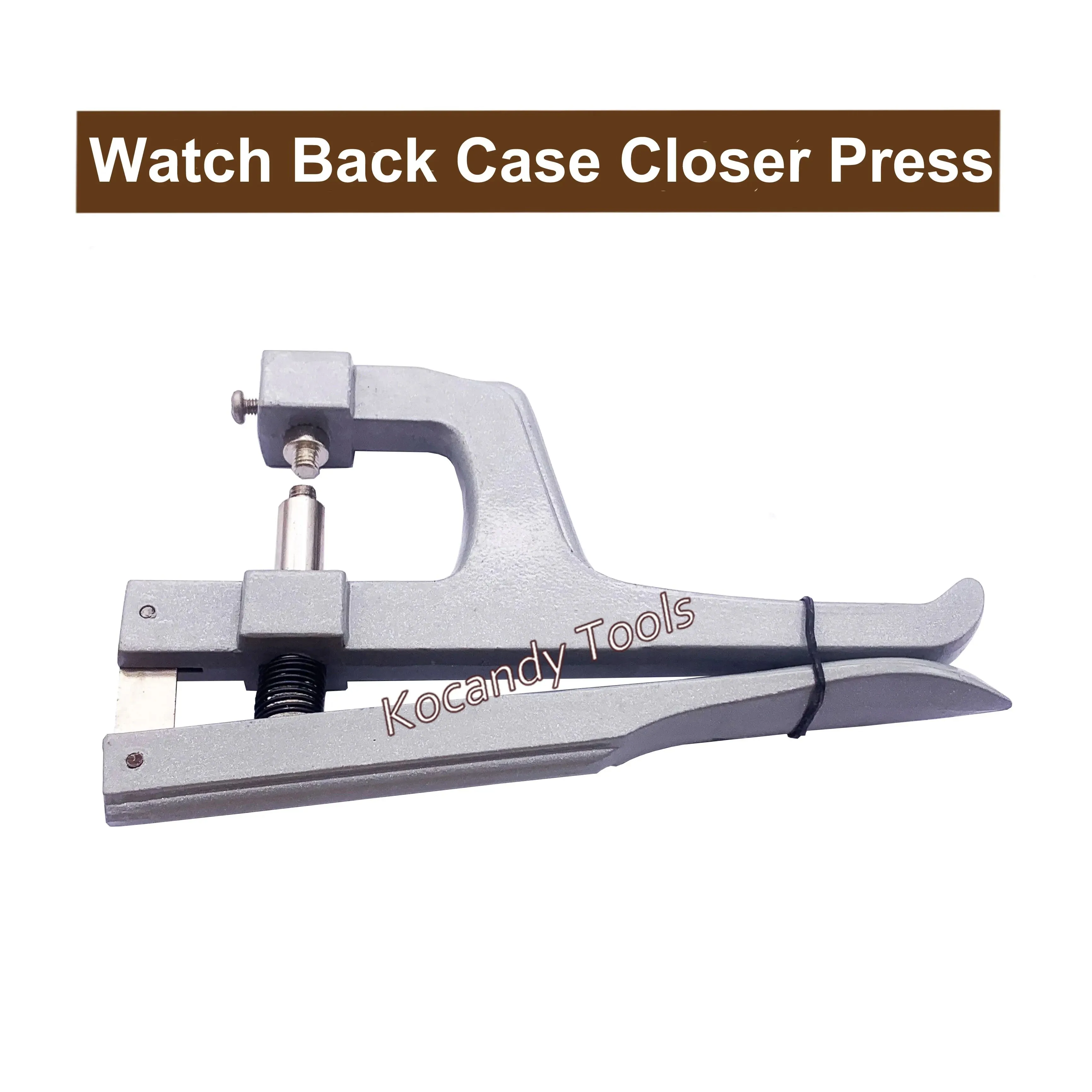 Watch case closing press with a lever handle on plain background