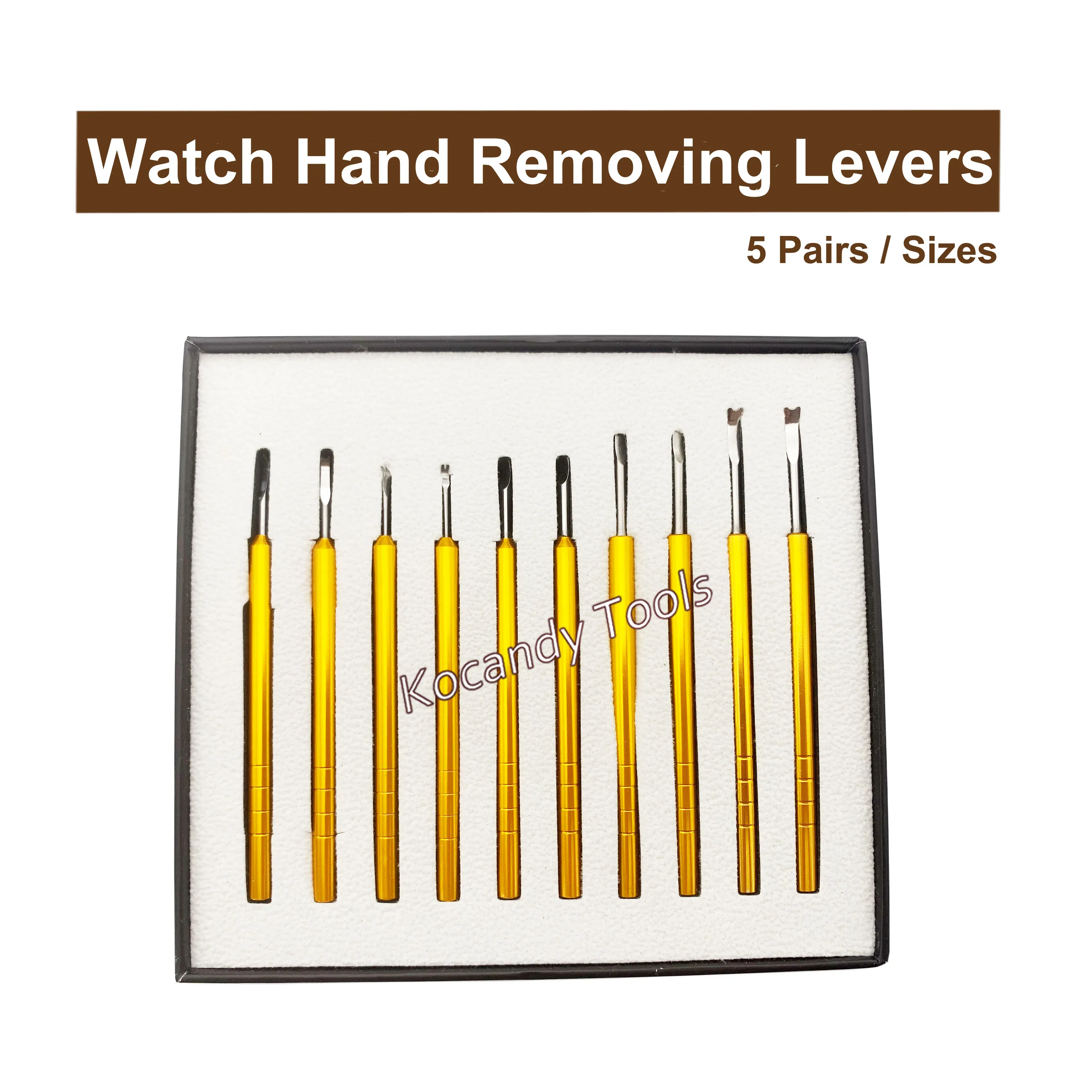 Gold-handled hairspring collet levers in a clear storage stand