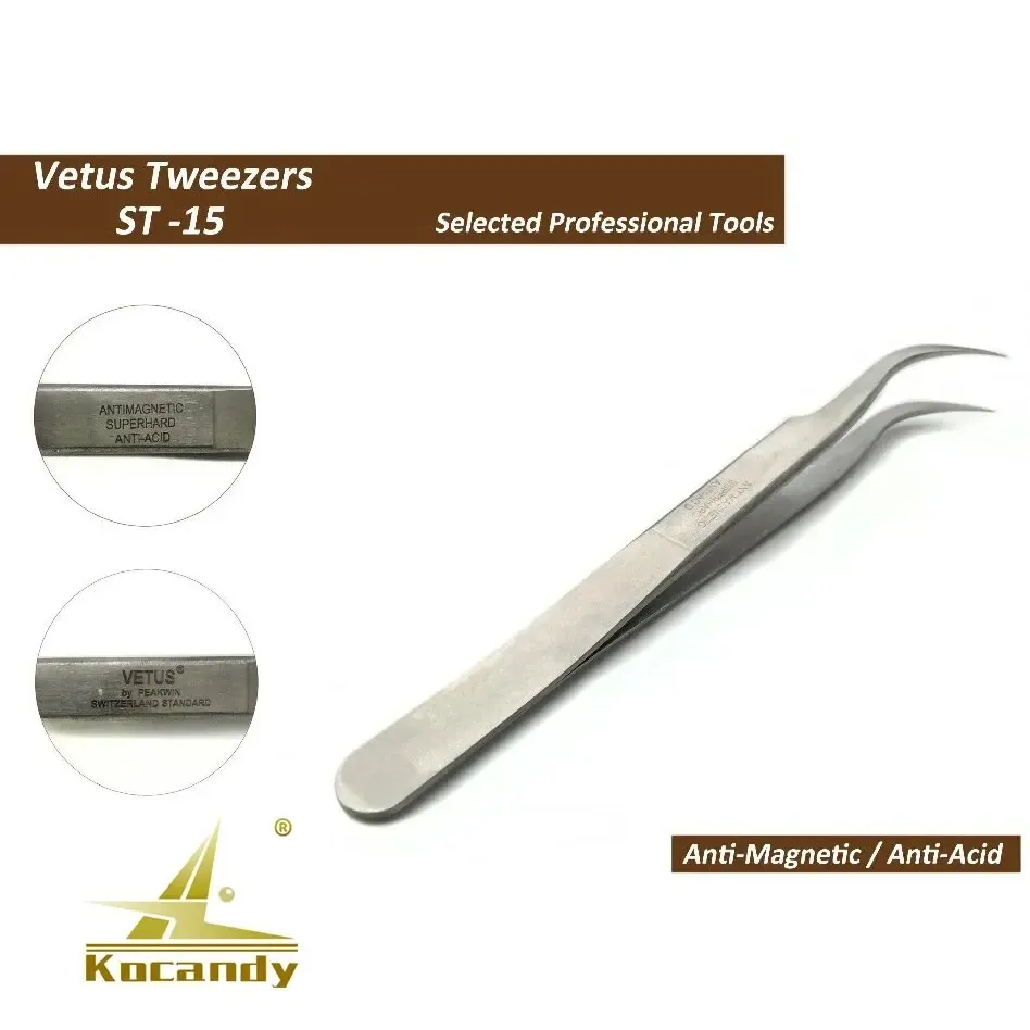 Vetus ST-15 curved tip tweezers shown twice beside a light packing box