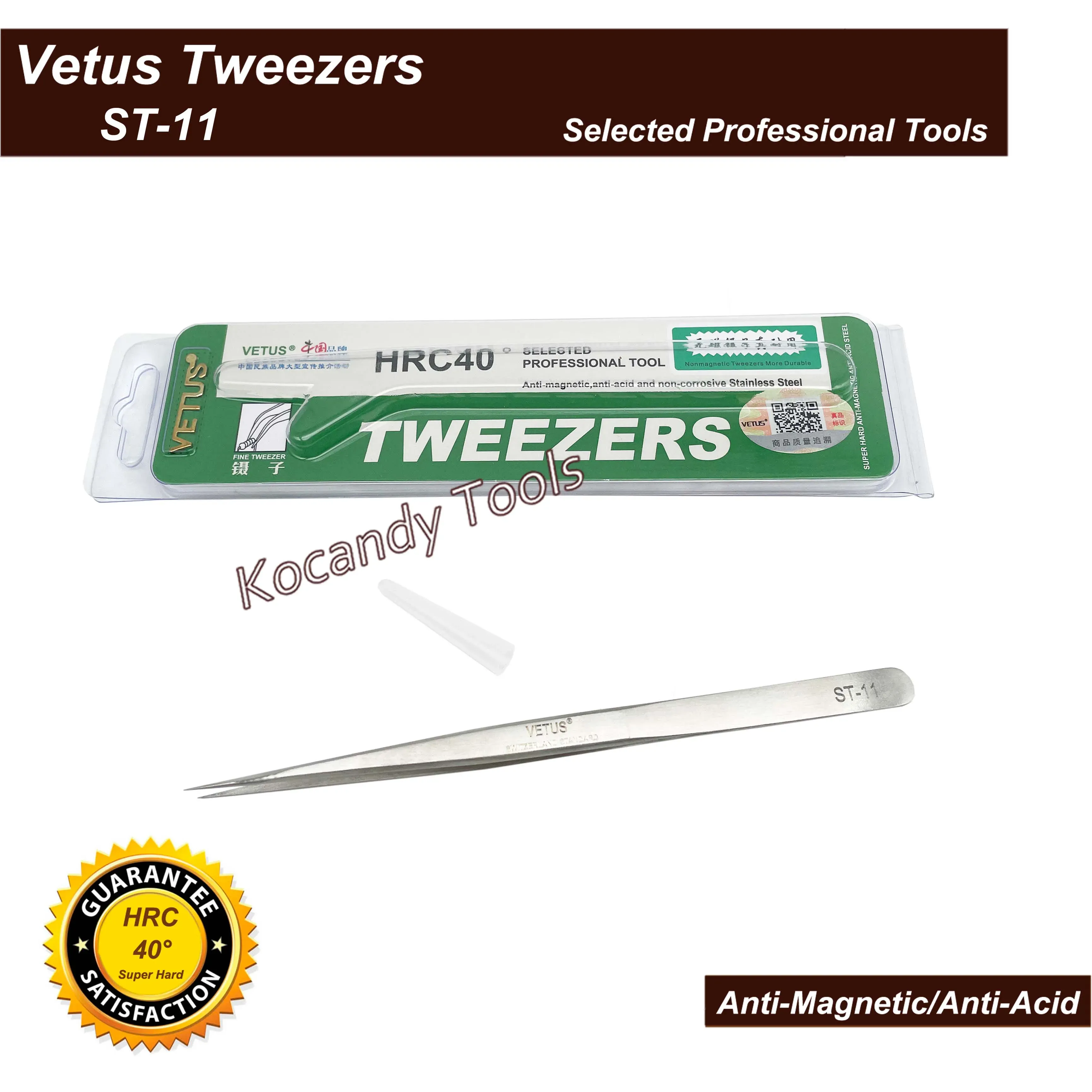 Vetus ST-11 tweezers lying on a green anti-magnetic packing box