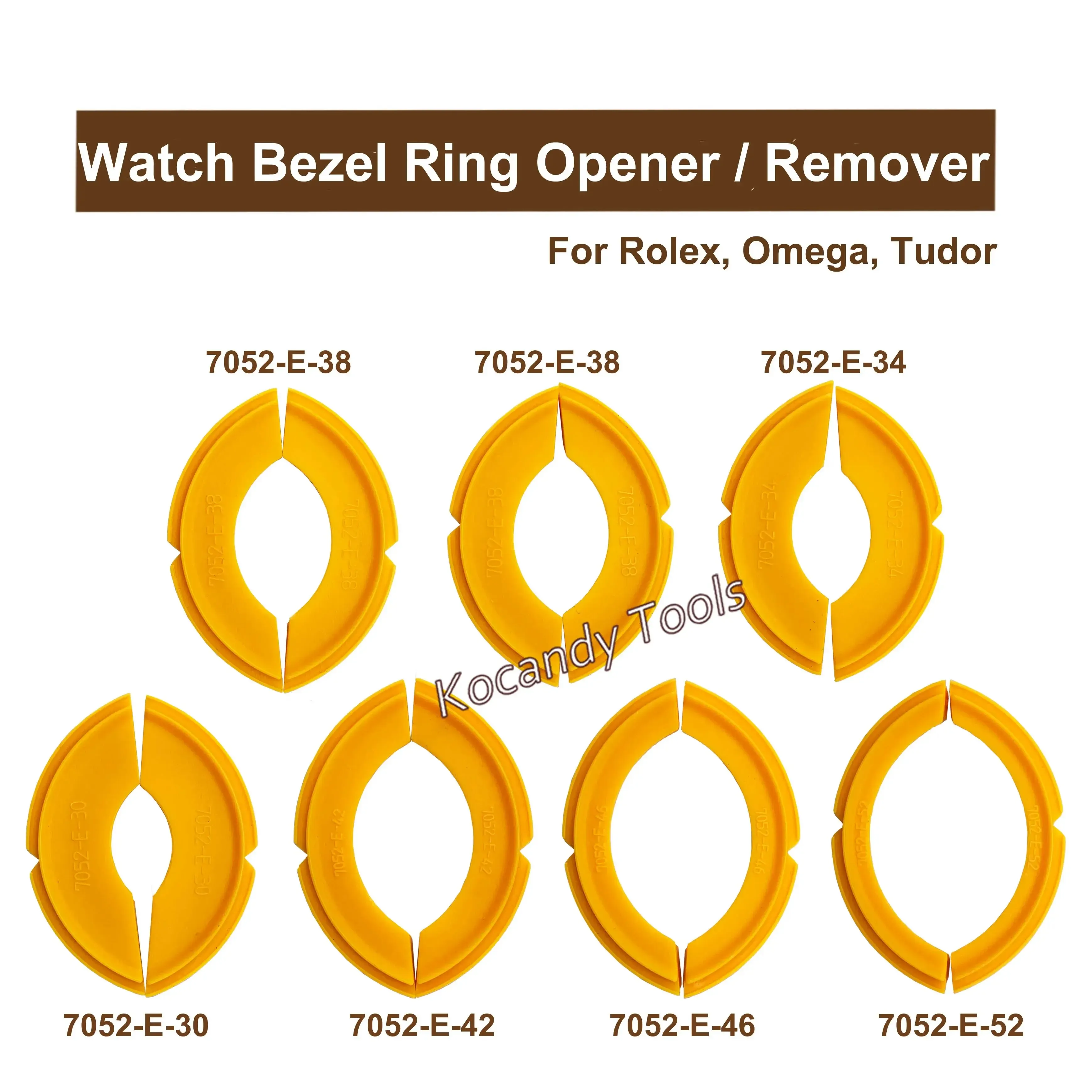 Six yellow oval bezel dies laid out with a black adjusting wrench