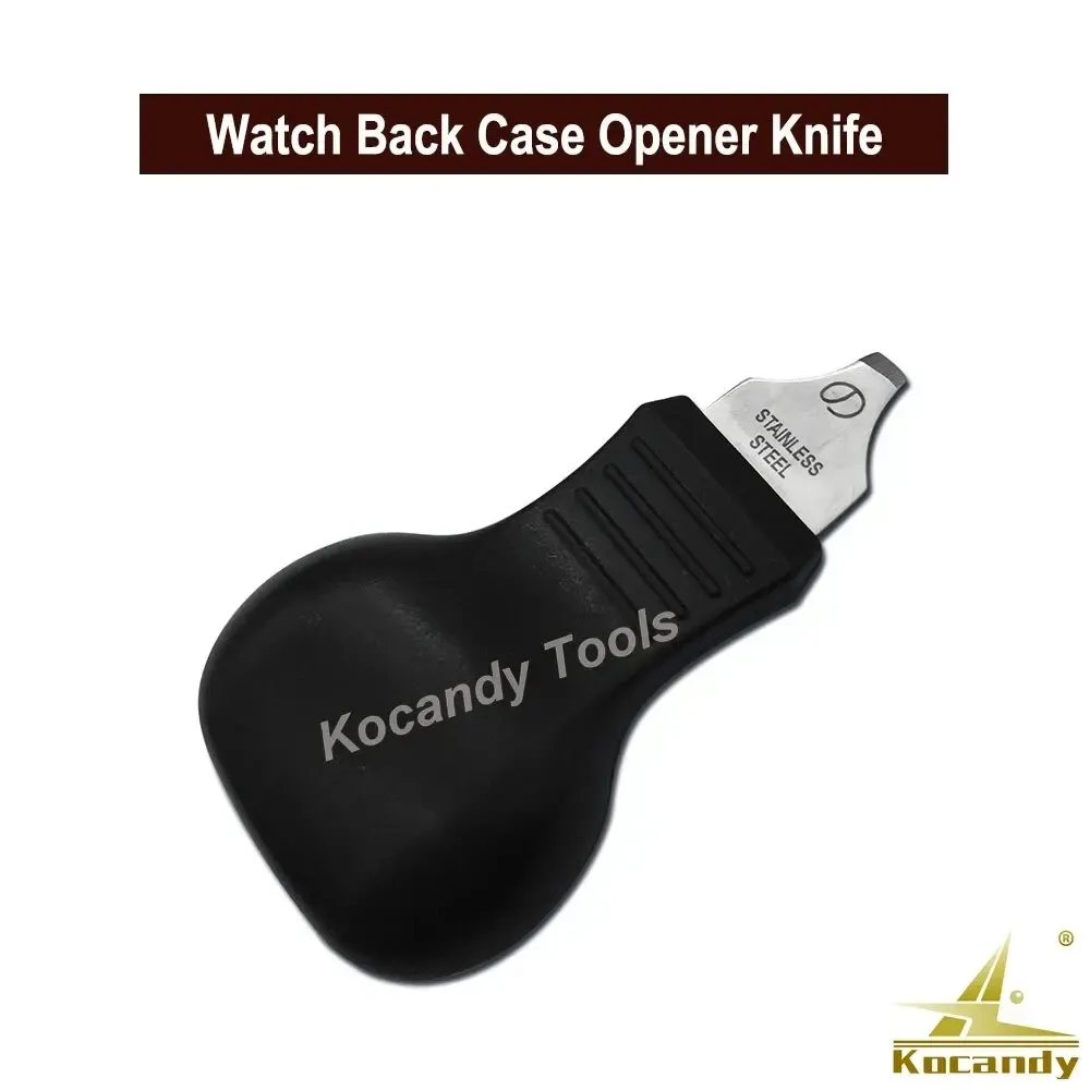 Front view of the black handled watch case opener knife
