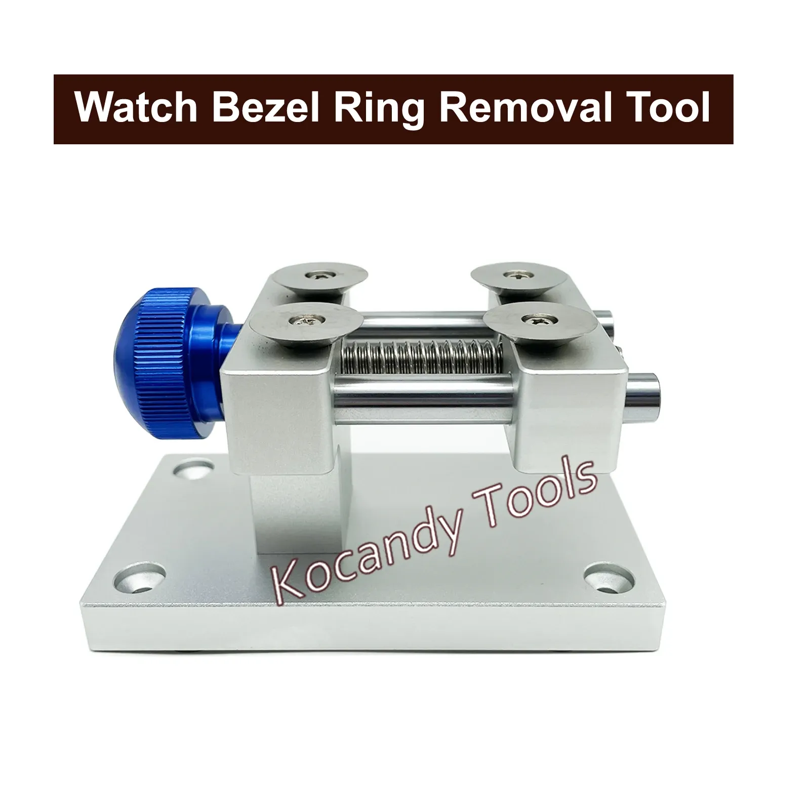 Red metal bezel removal tool with two blue adjustment knobs