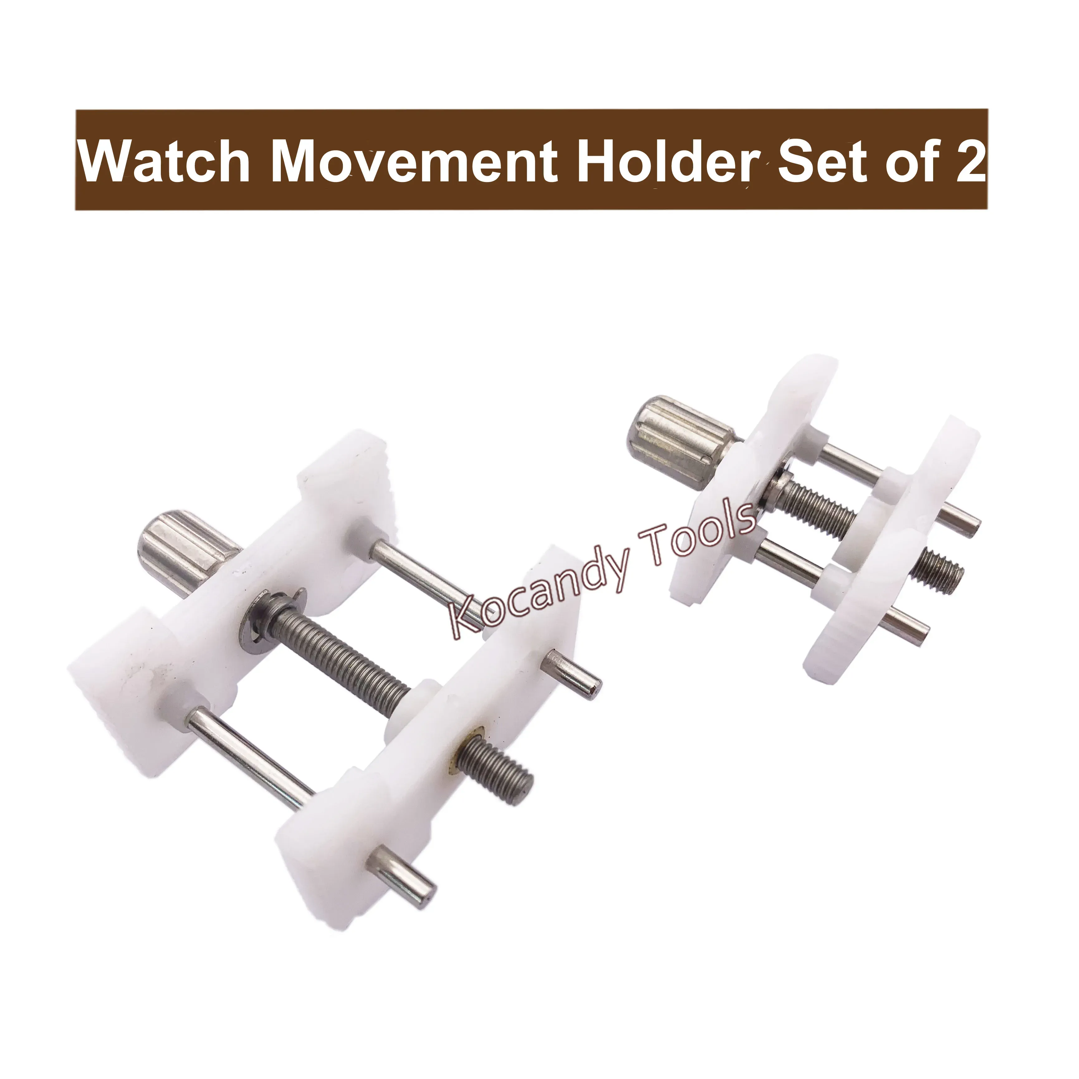 Two white plastic movement holders with threaded clamps