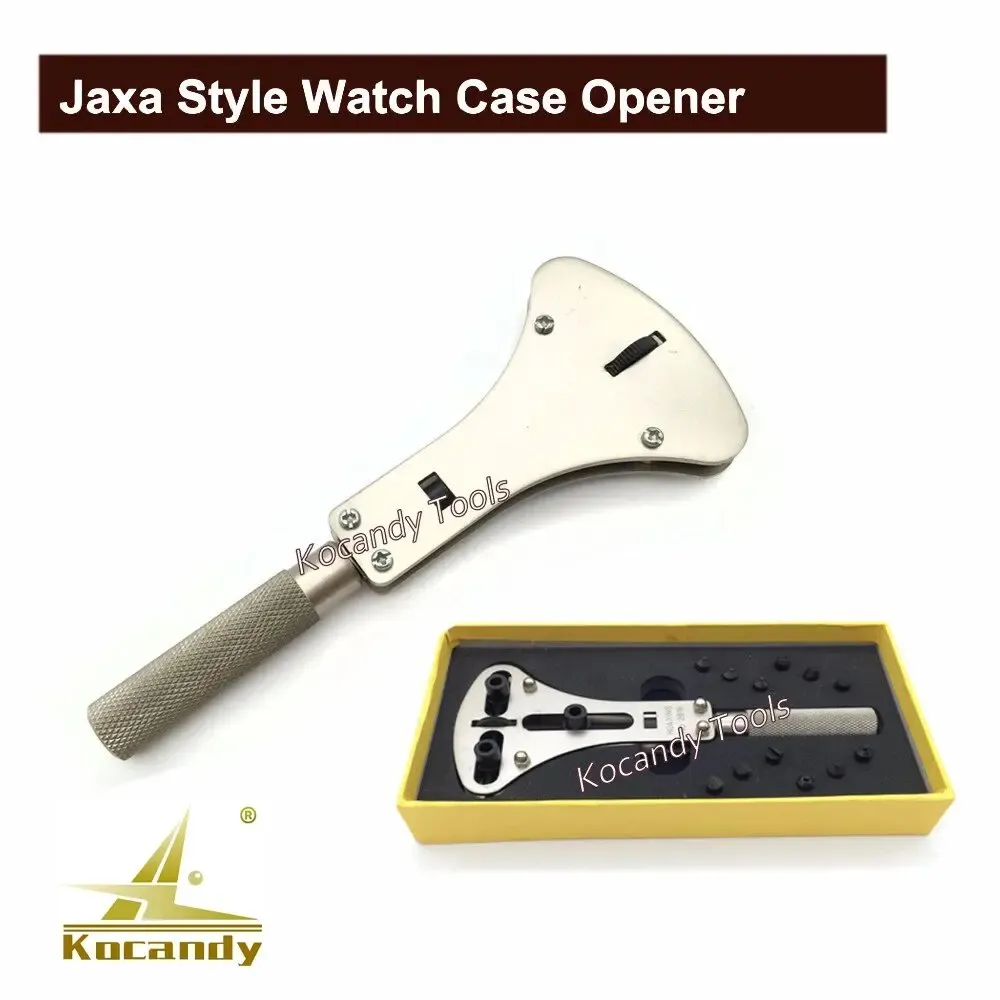 Silver watch case opener wrench with black dies in a yellow case