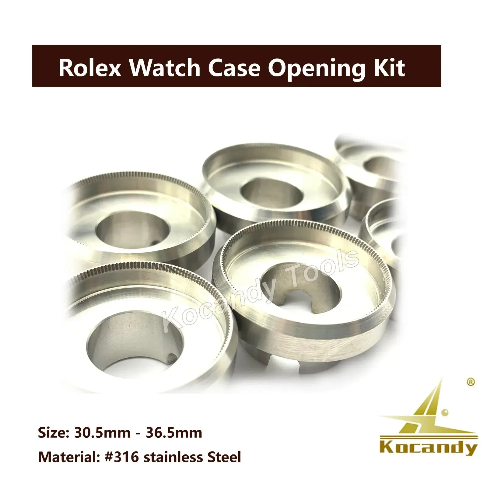 Six silver dies stacked, sizes 30.5mm to 36.5mm for Rolex 3135