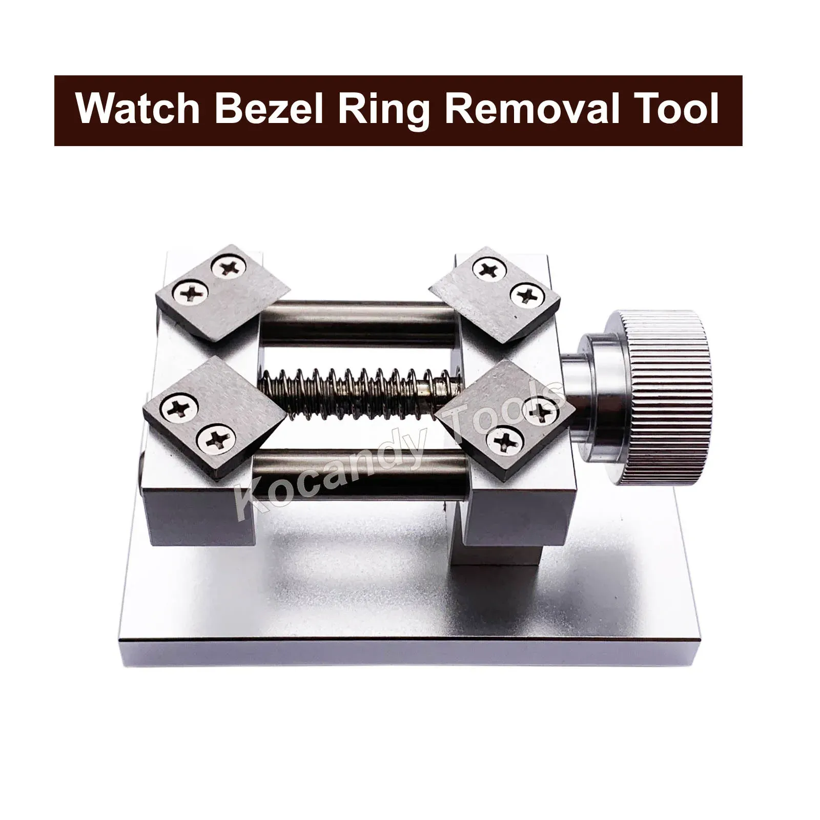 Twin-tool bezel remover with two knurled knobs on a steel base