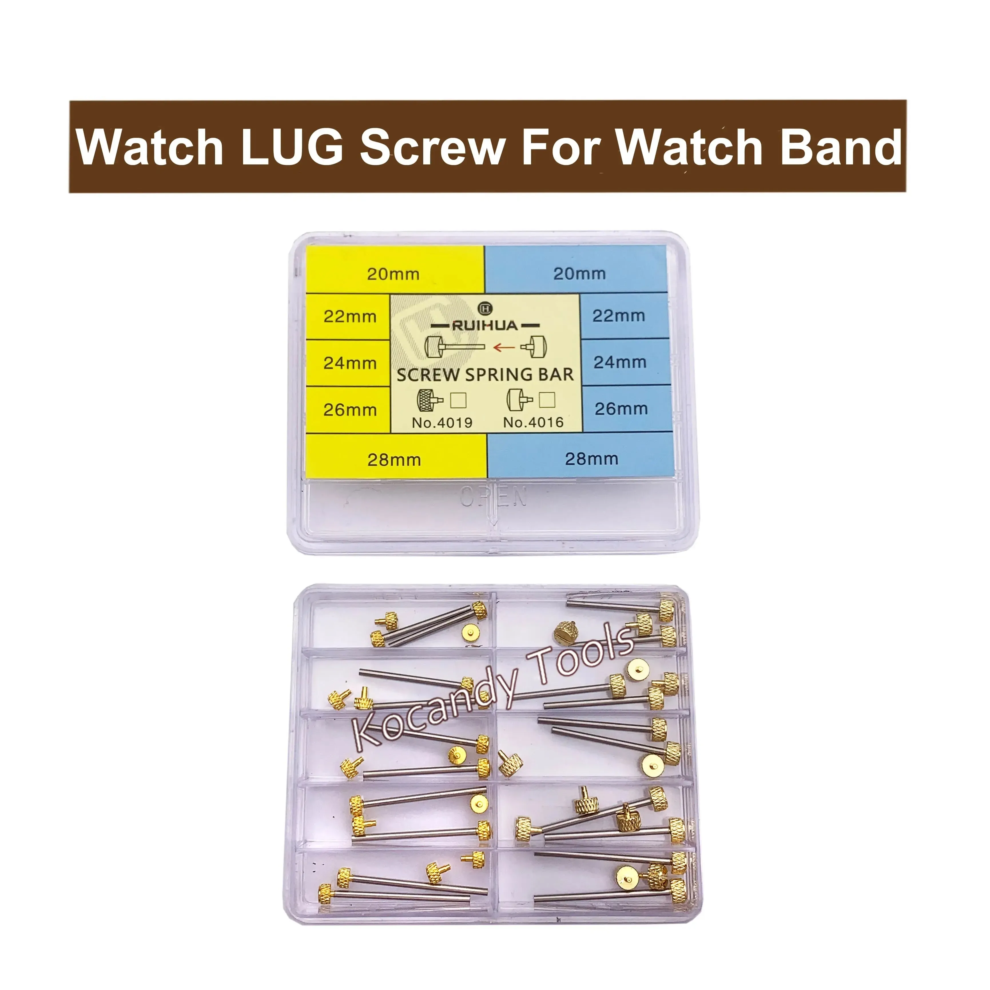 Yellow and clear retail box packaging holding gold watch band screw pins