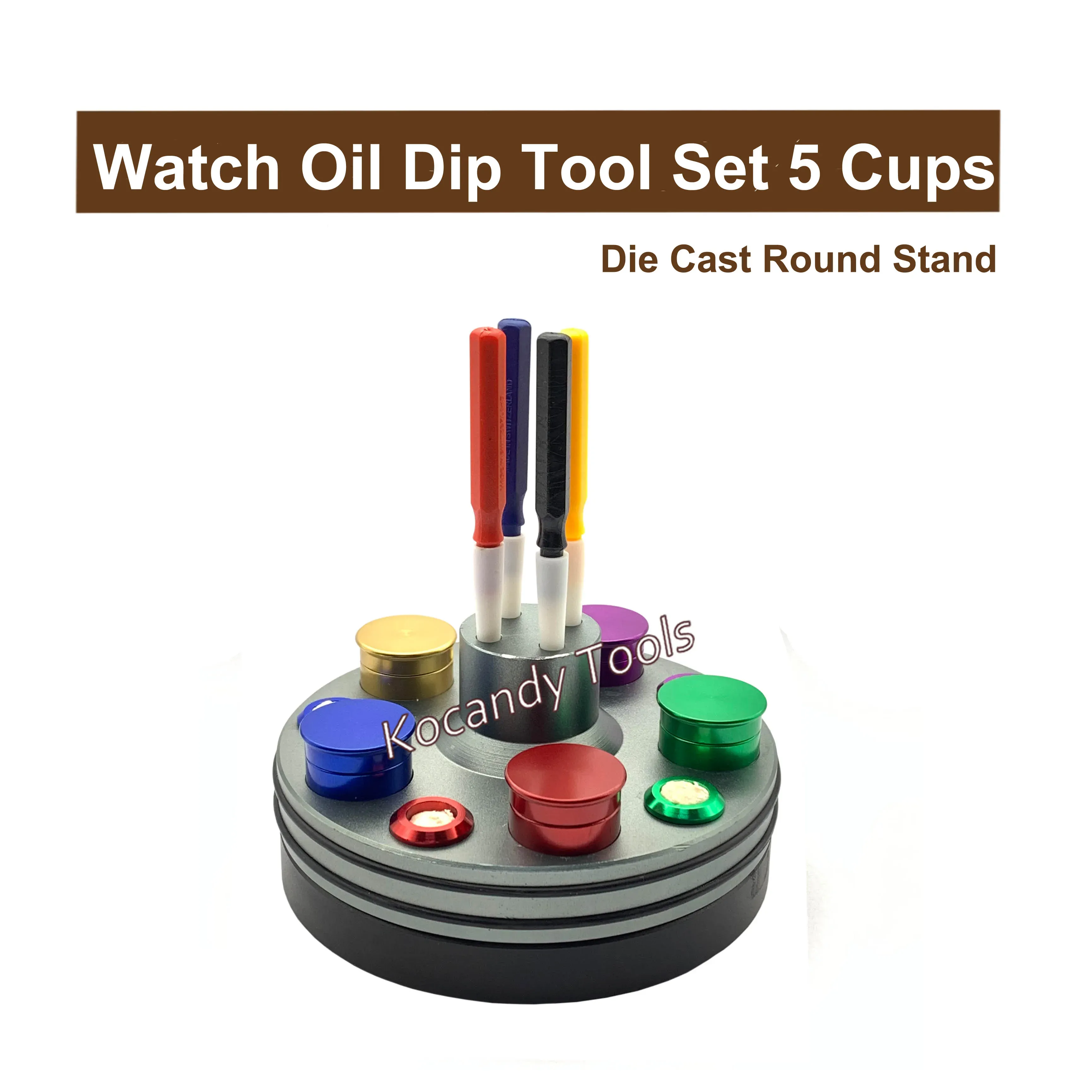 Rotatable die-cast oil cup stand with five coloured cups and dip pens