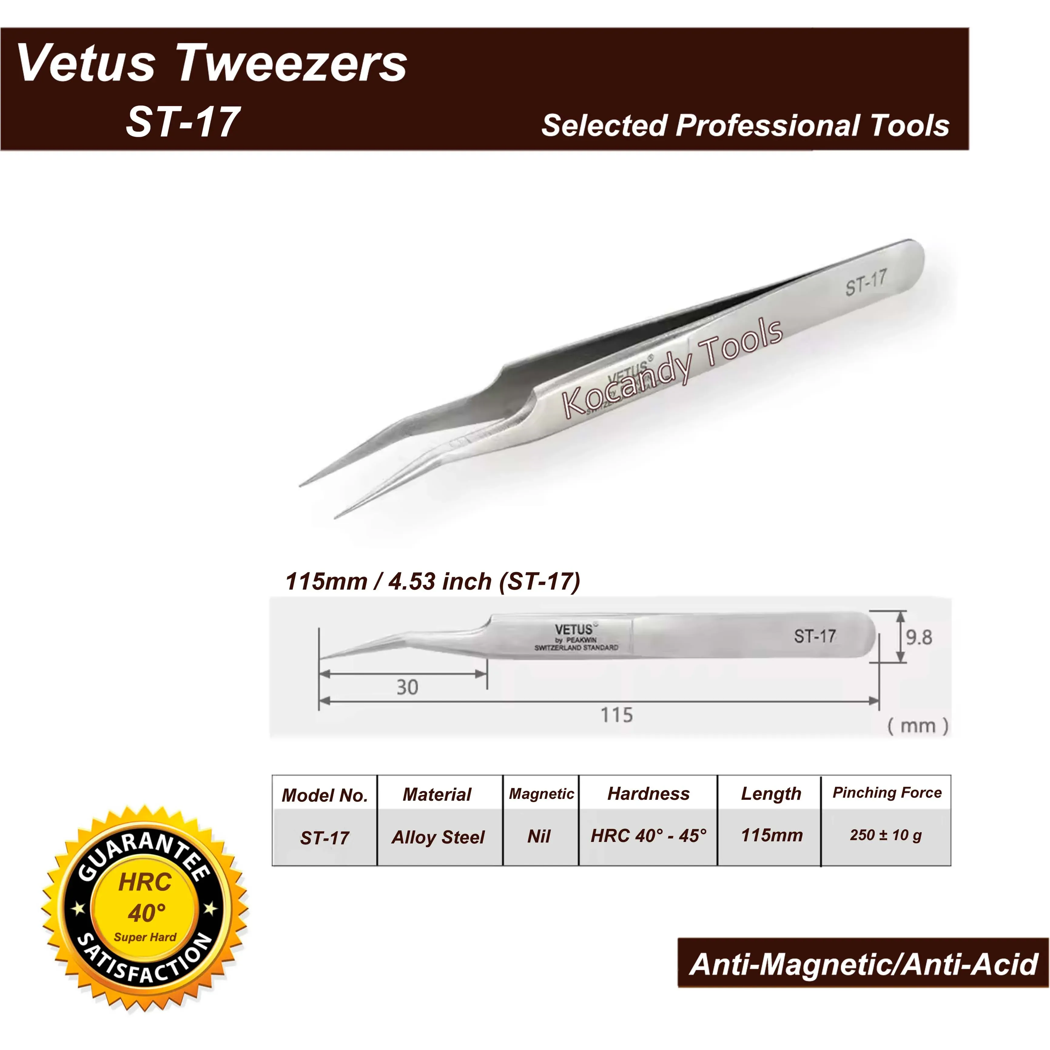 Tweezers beside a green anti-magnetic packing sleeve