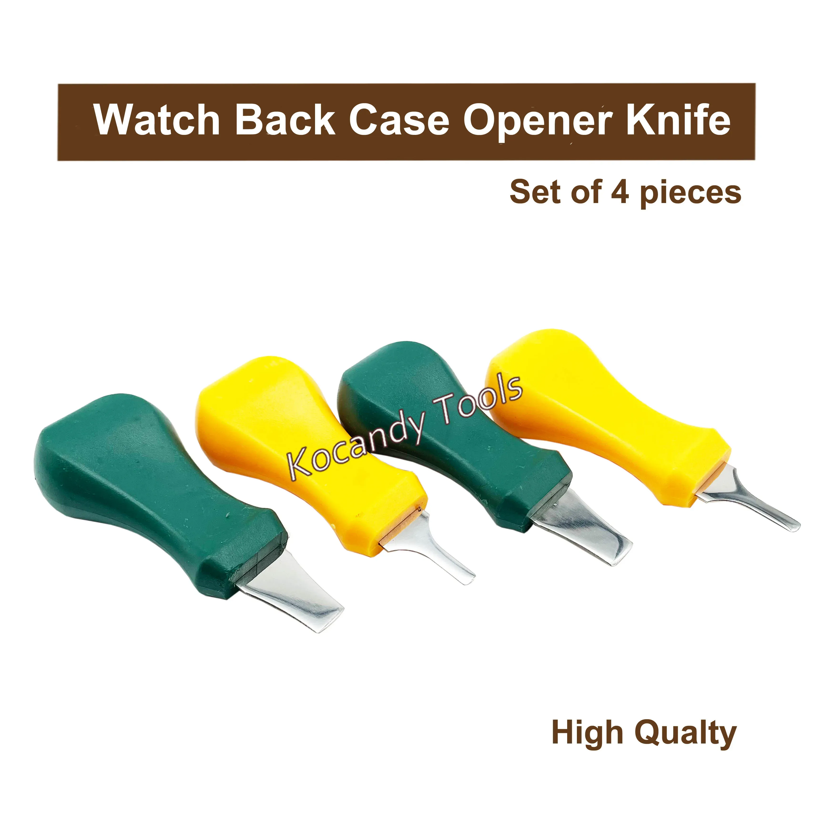 Four case opener knives in a row with coloured handles