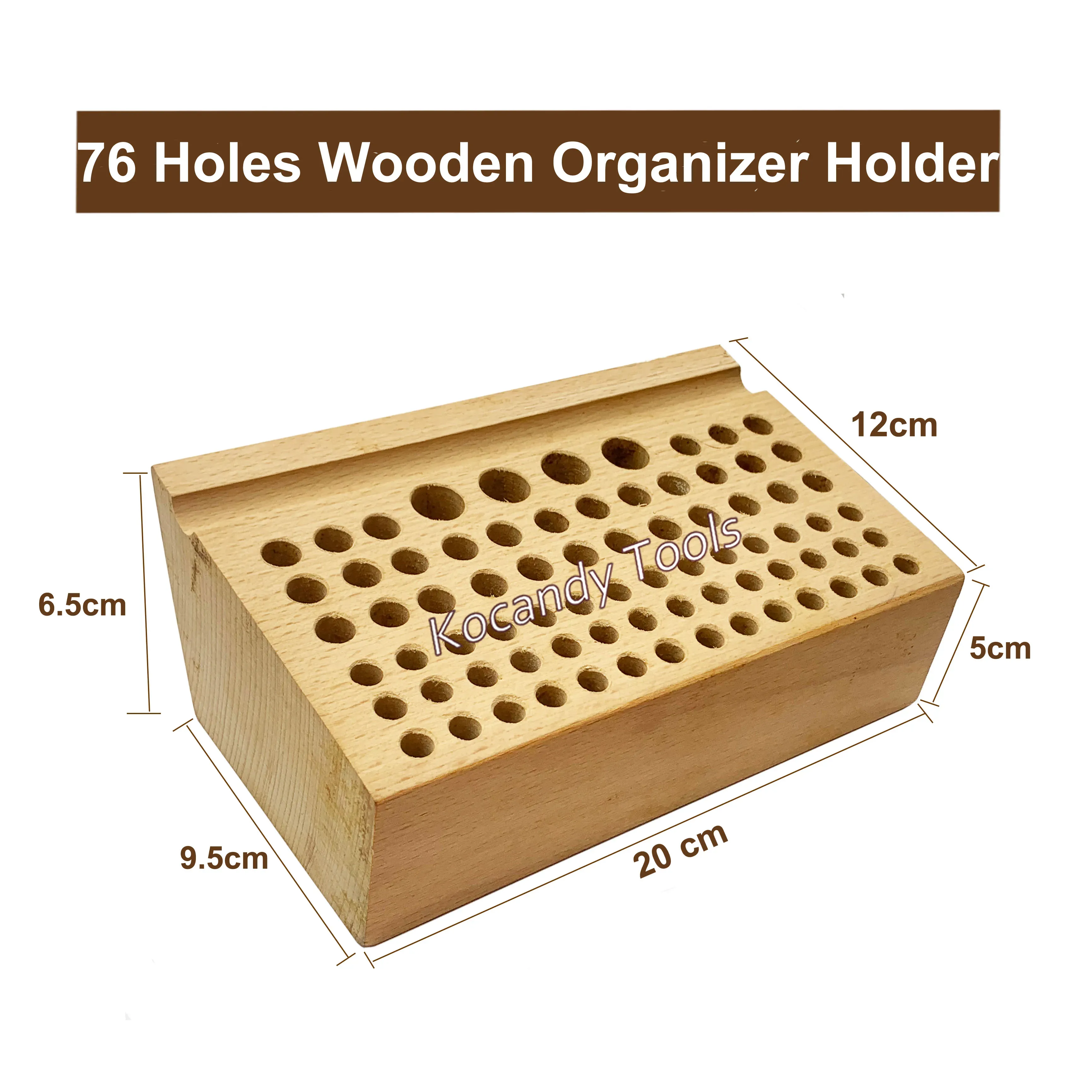 Empty beech wooden 76-hole tool organizer block shown at an angle