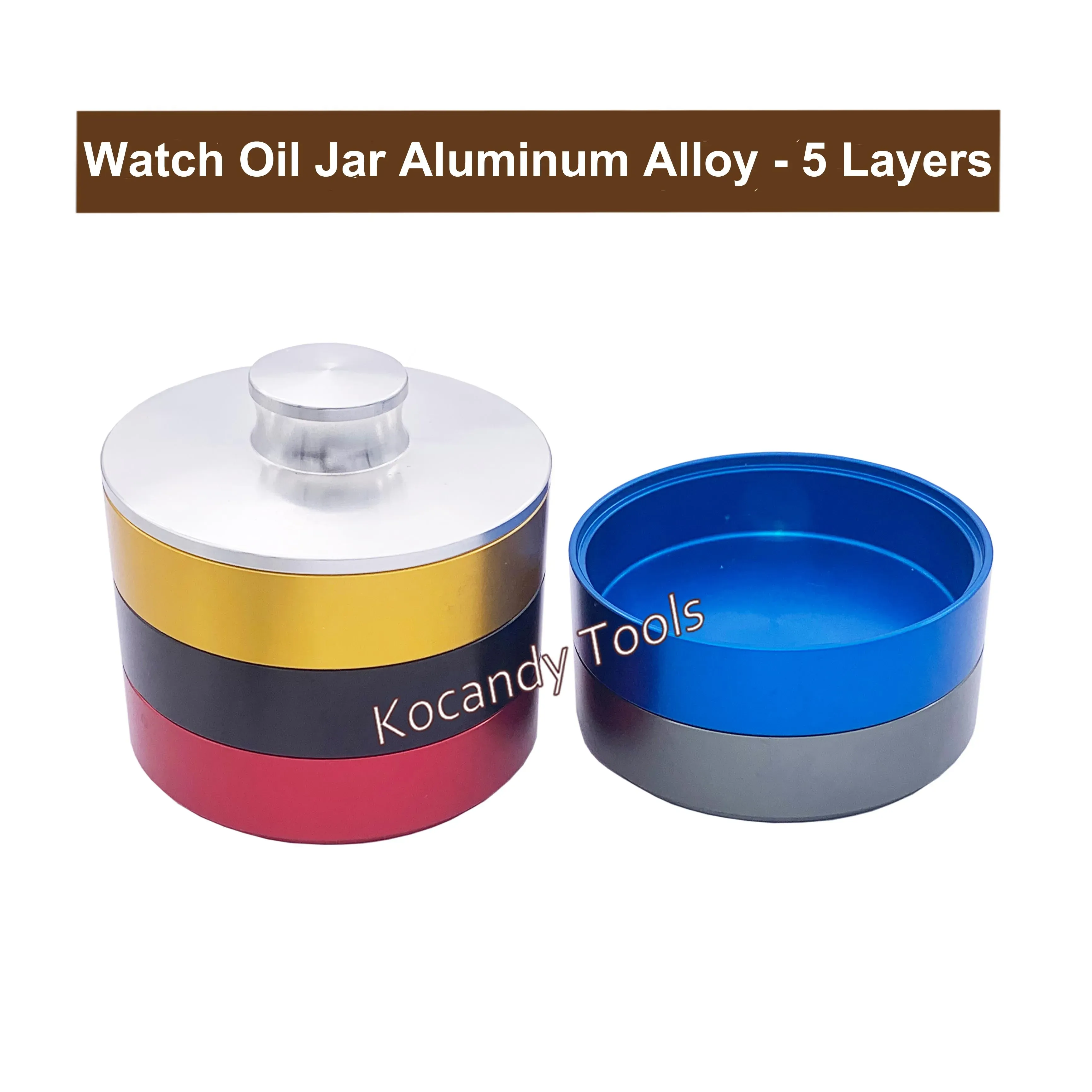 Washing jar layers separated beside a white base and lid