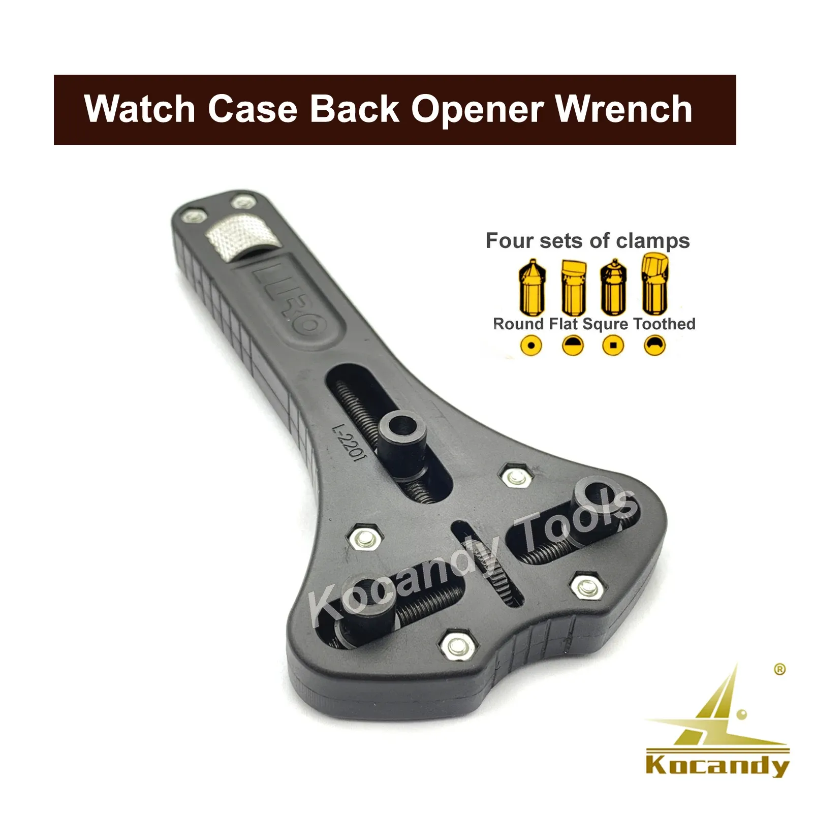 Curved metal case opener wrench with dies fanned below, four-pin 10mm