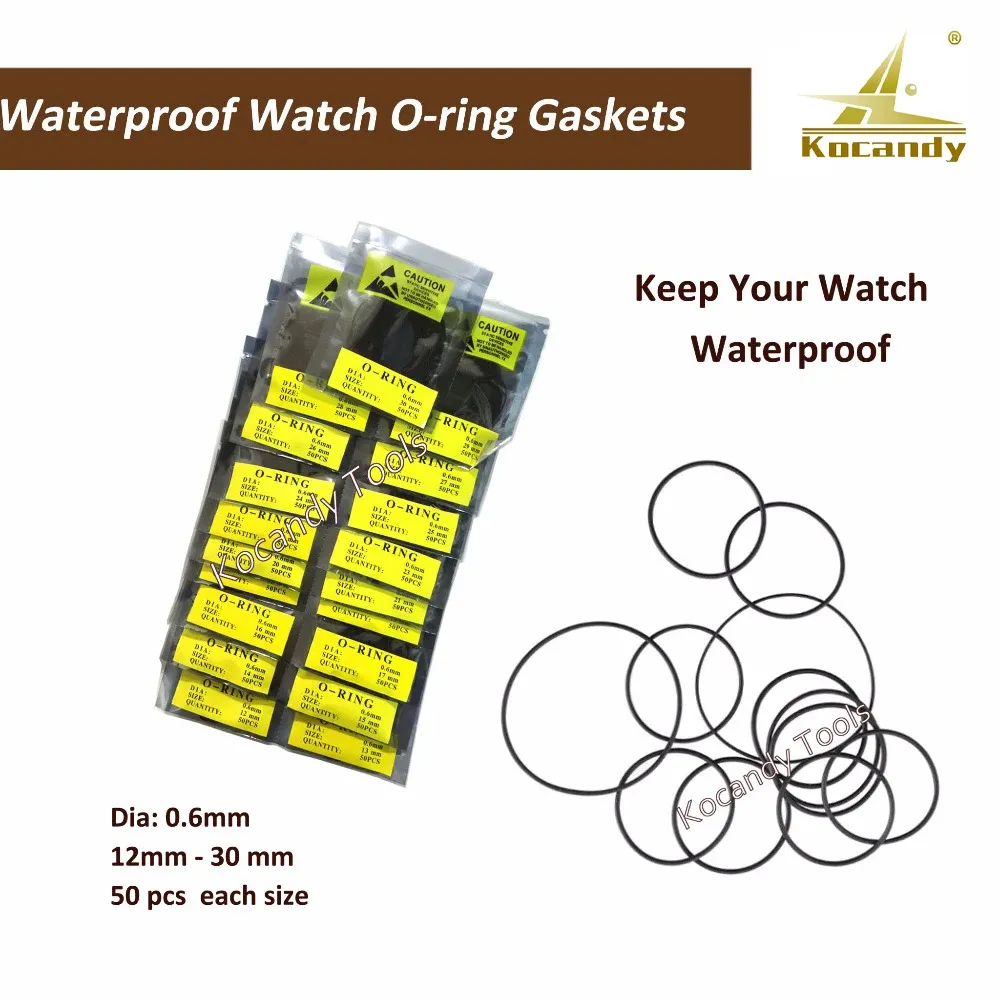 Stack of yellow retail bags of 12-30mm waterproof watch case gaskets
