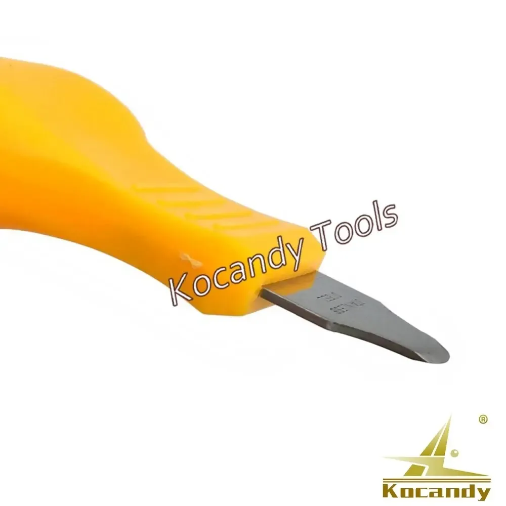 Orange-handled case knife with steel blade prizing a watch back