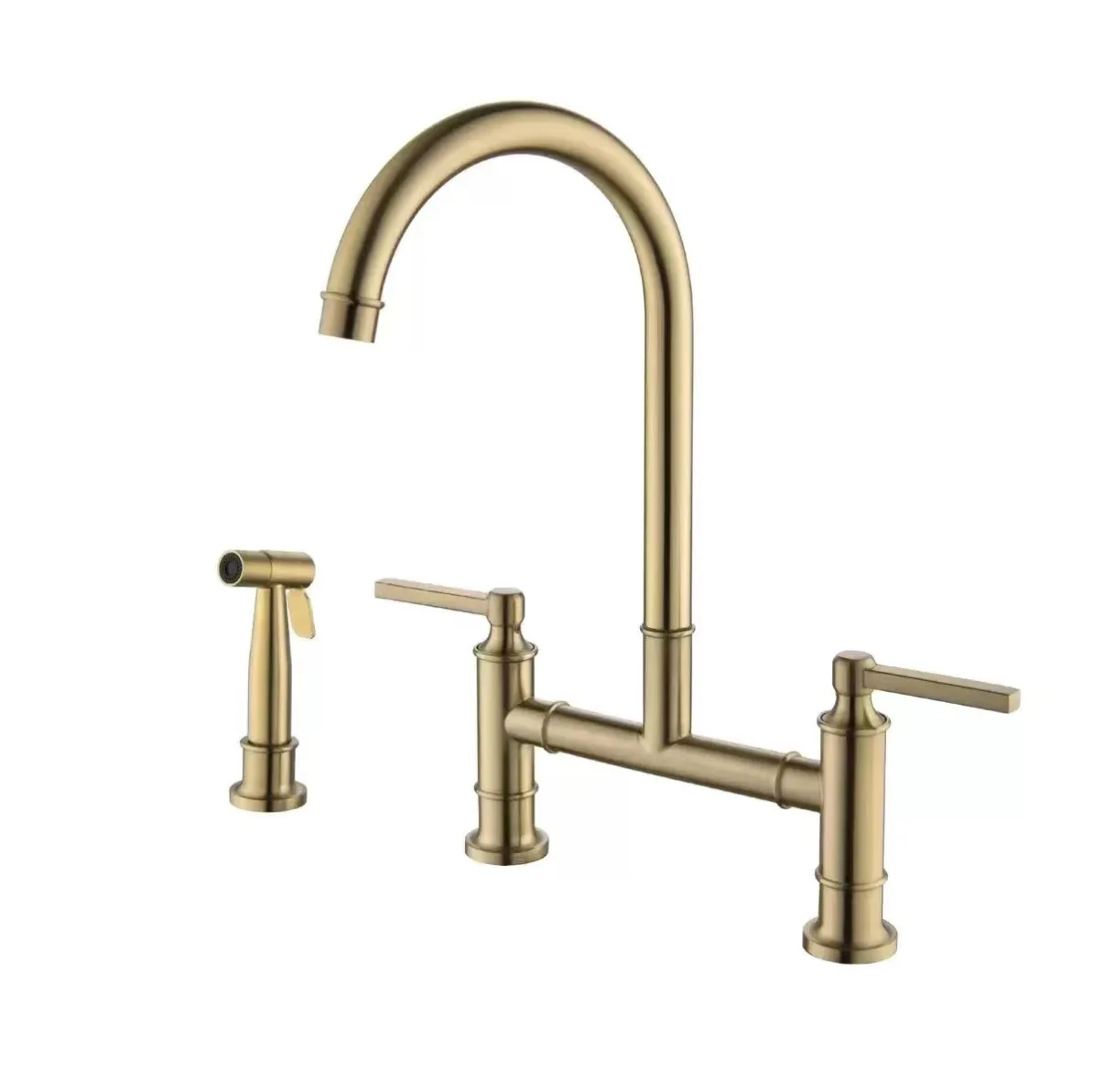 Modern brushed gold bridge sink mixer with rinse spray