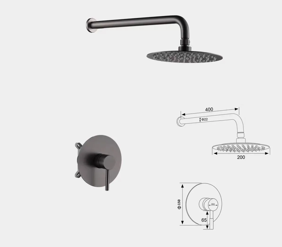 Gunmetal concealed rainfall shower set with round overhead shower and single lever control