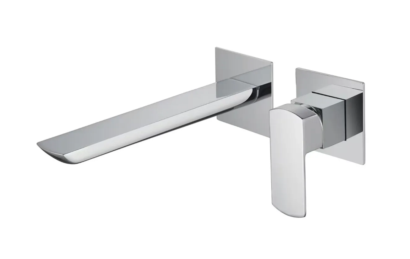 Polished chrome square wall basin tap with waterfall spout