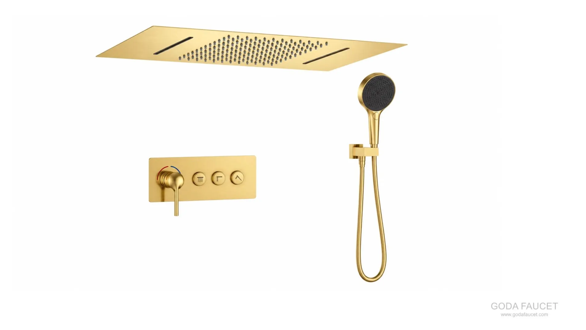 GD-11035 Brushed Gold finish visualization with rectangular 304 stainless steel ceiling overhead