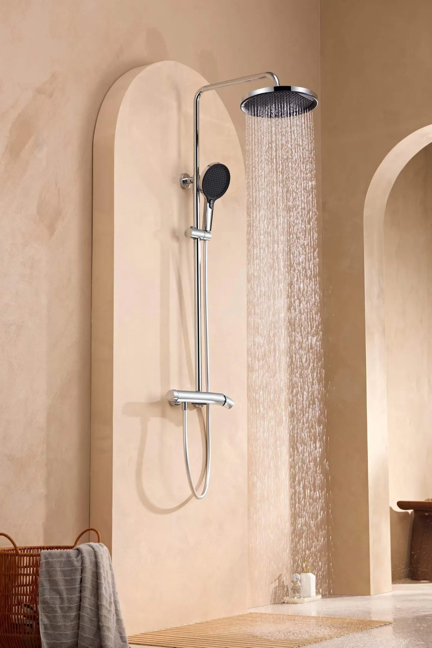 chrome shower column handset wall view
