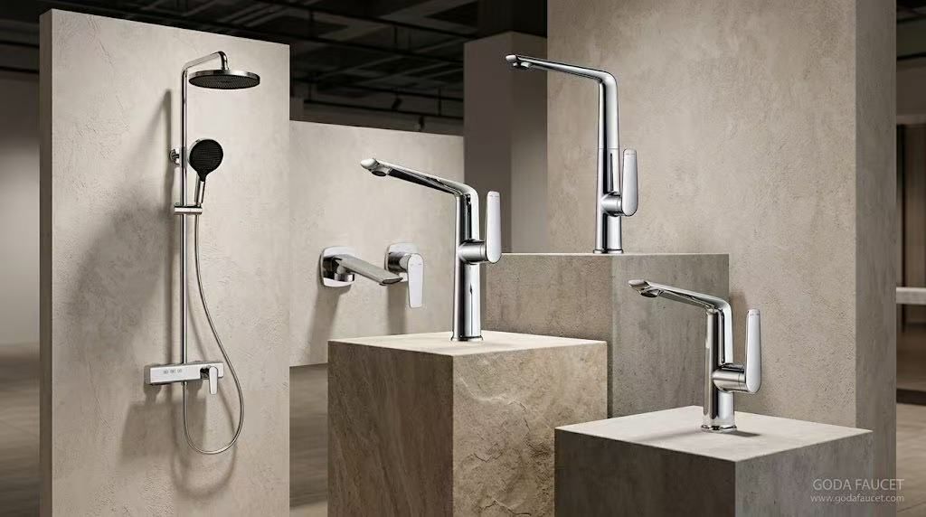 Coordinated bathroom faucet and shower collection