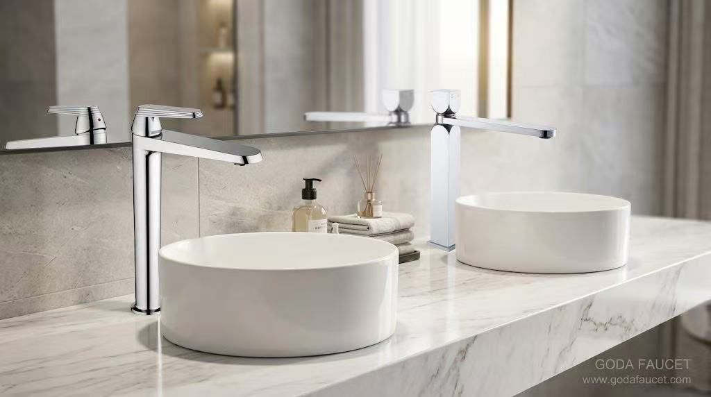 Tall basin faucets for vessel sinks