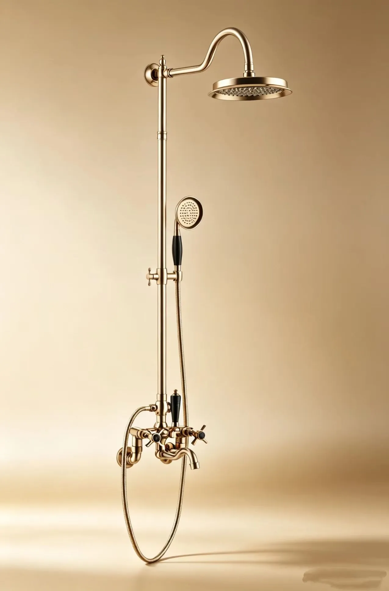 Brushed gold retro shower system in warm bathroom setting