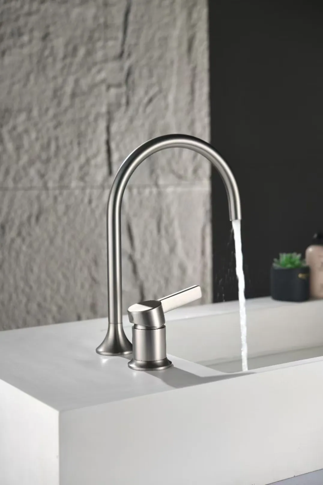 Brushed nickel gooseneck basin mixer with running water