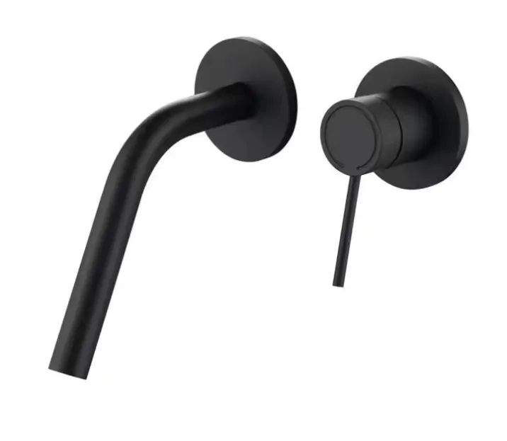 Matte black round wall-mounted basin mixer with slim lever