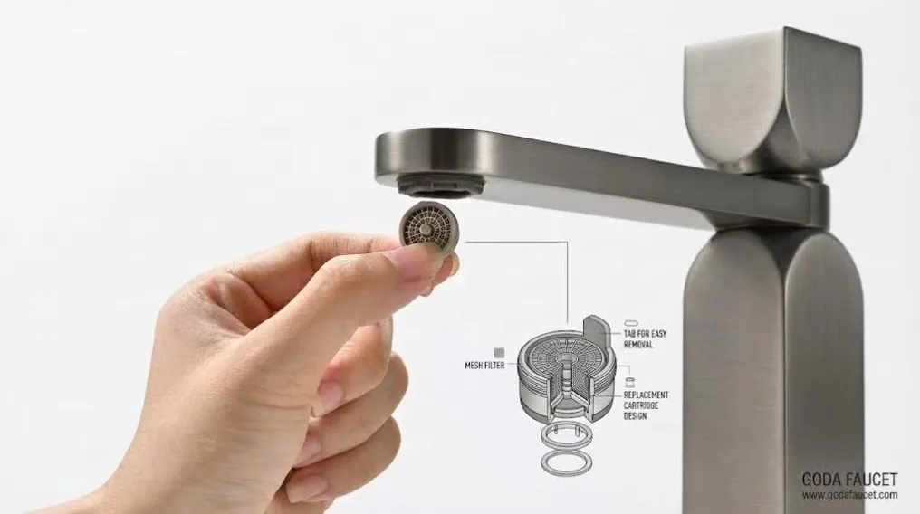A hand replacing the mesh filter aerator of a gunmetal faucet, showing the replacement cartridge design and tab for easy removal.