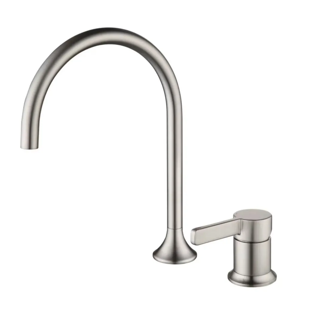 Brushed nickel round deck-mounted basin mixer