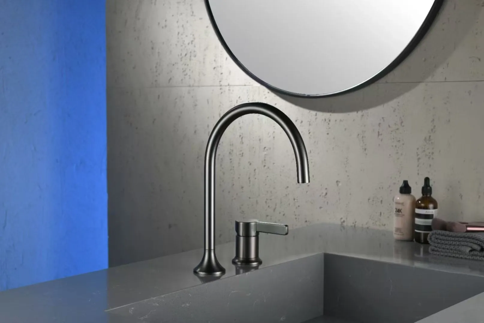 Installed gun gray high-arc two-piece basin faucet